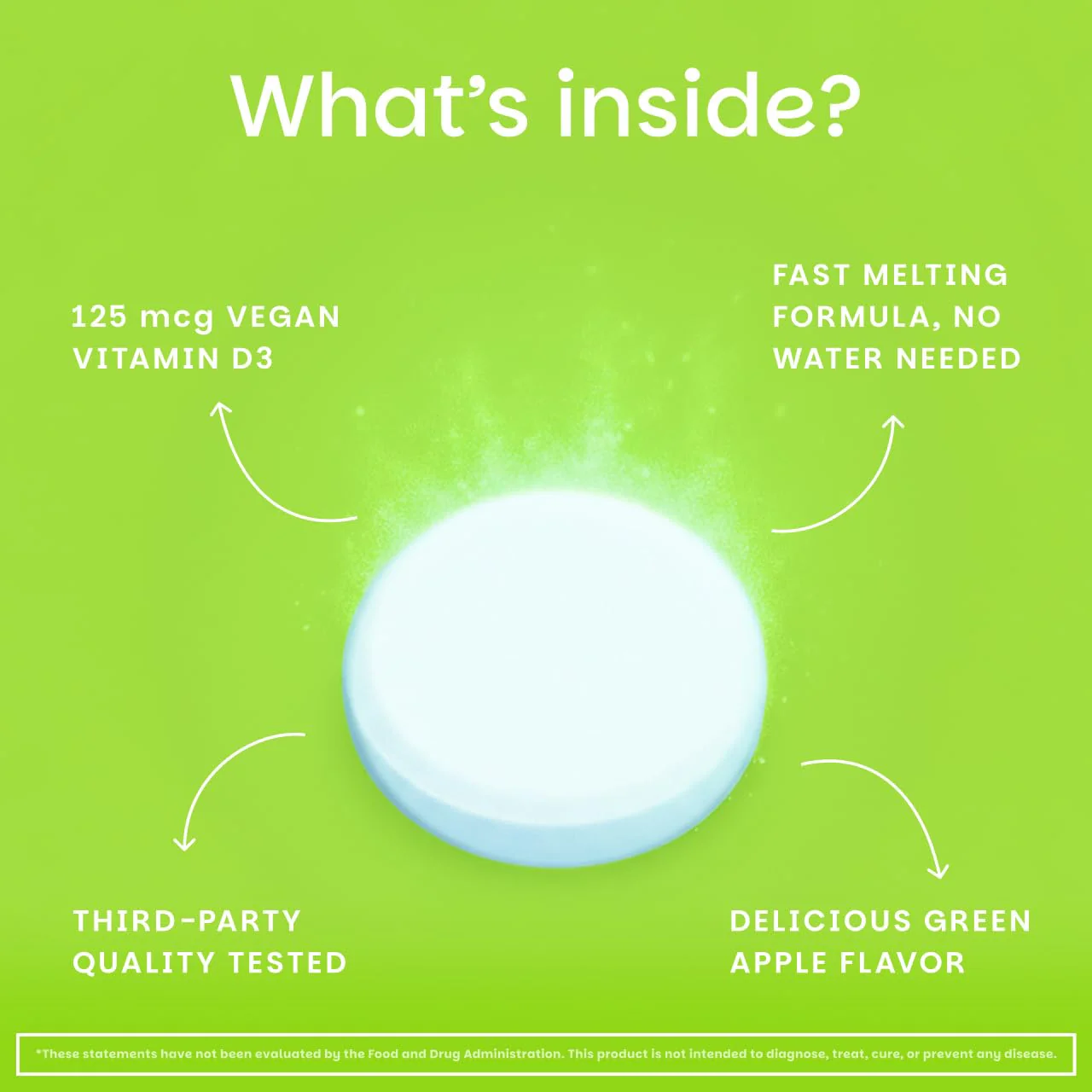 EZ Melts Dissolvable Vitamin D3 5,000 IU - Vegan Vitamin D Supplement for Bone & Teeth Support - No Artificial Flavors - Plant-Based & Non-GMO - Green Apple - 90 Dissolvable Tablets (90 Servings) - Image 4