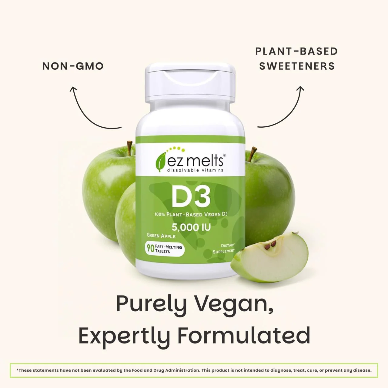 EZ Melts Dissolvable Vitamin D3 5,000 IU - Vegan Vitamin D Supplement for Bone & Teeth Support - No Artificial Flavors - Plant-Based & Non-GMO - Green Apple - 90 Dissolvable Tablets (90 Servings) - Image 6