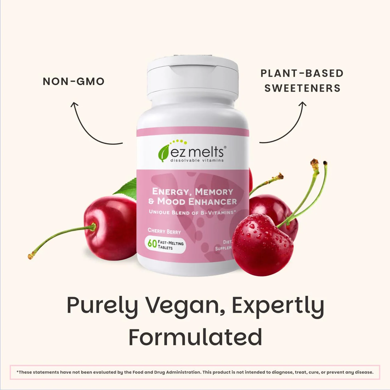 EZ Melts Energy, Memory & Mood Enhancer - B Vitamins Supplement with Vitamin B12, B6, Folate & Biotin - Non-GMO & Vegan - Cherry Berry - 120 Dissolvable Tablets (120 Servings) - Image 5
