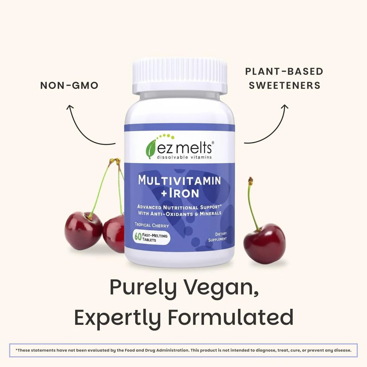 EZ Melts Multivitamin + Iron - Daily Multivitamin for Women & Men - Supports Healthy Energy Levels & Antioxidant Protection - Non-GMO & Vegan - Tropical Cherry - 120 Dissolvable Tablets (60 Servings) - Image 6