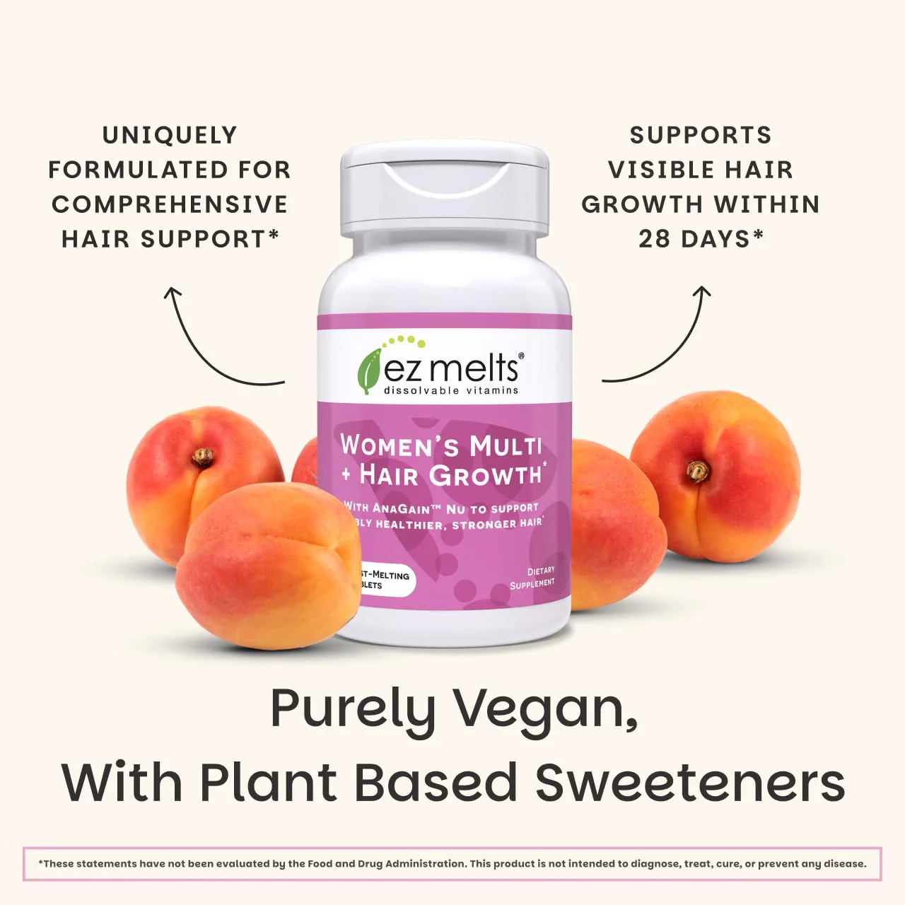 EZ Melts Women's Multi + Hair Growth - Daily Multivitamin for Women - Supports Healthy Energy Levels & Reduced Hair Shedding - Non-GMO & Vegan - Peach - 60 Dissolvable Tablets (30 Servings) - Image 6