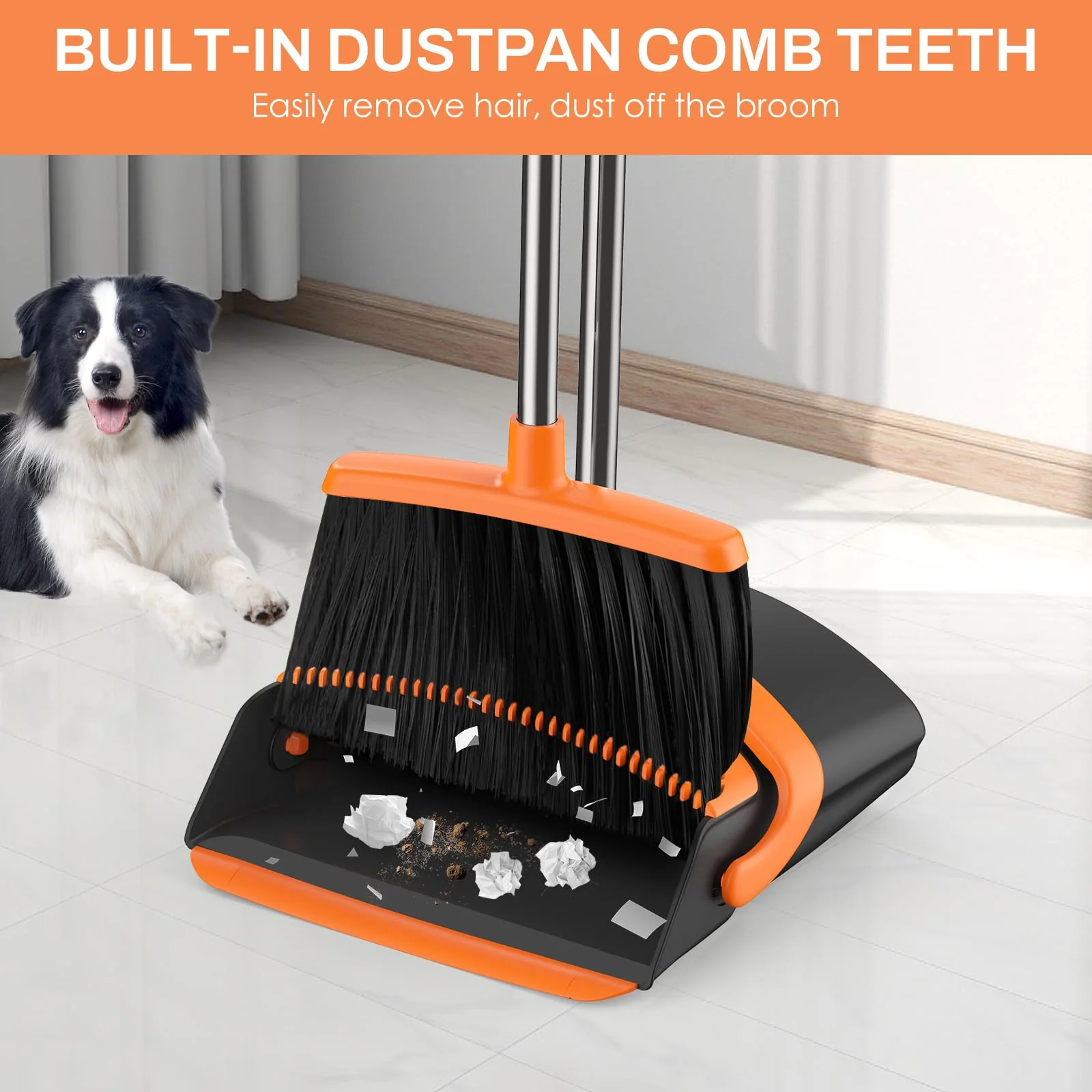 EZKEY Broom and Dustpan Set for Home, 51-in Long Adjustable Handle Angle Broom and Dustpan Combo Set with Dust Pan Teeth to Clean Hair for Home Kitchen Office Lobby Floor Garden, Black Orange - Image 3