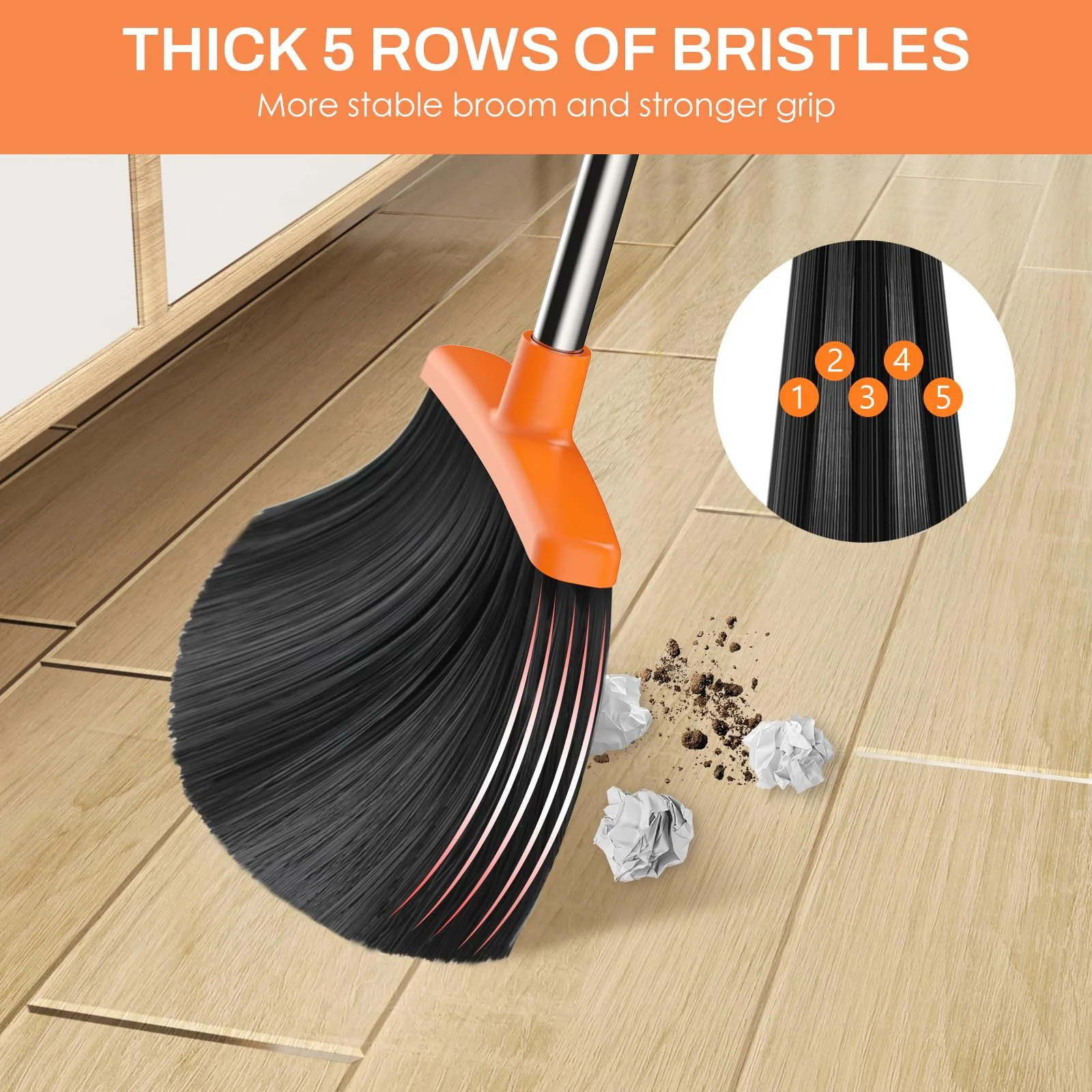 EZKEY Broom and Dustpan Set for Home, 51-in Long Adjustable Handle Angle Broom and Dustpan Combo Set with Dust Pan Teeth to Clean Hair for Home Kitchen Office Lobby Floor Garden, Black Orange - Image 4