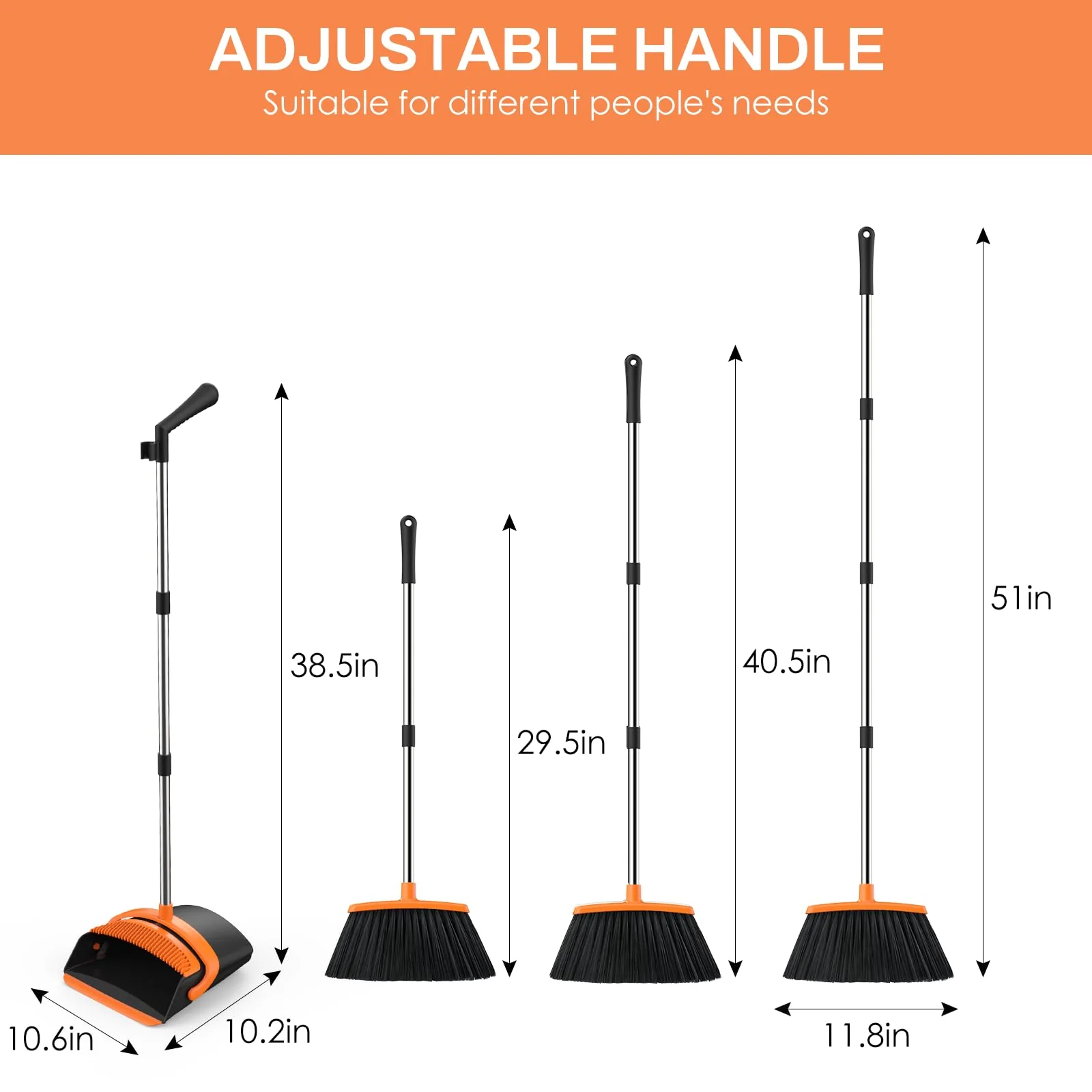EZKEY Broom and Dustpan Set for Home, 51-in Long Adjustable Handle Angle Broom and Dustpan Combo Set with Dust Pan Teeth to Clean Hair for Home Kitchen Office Lobby Floor Garden, Black Orange - Image 7