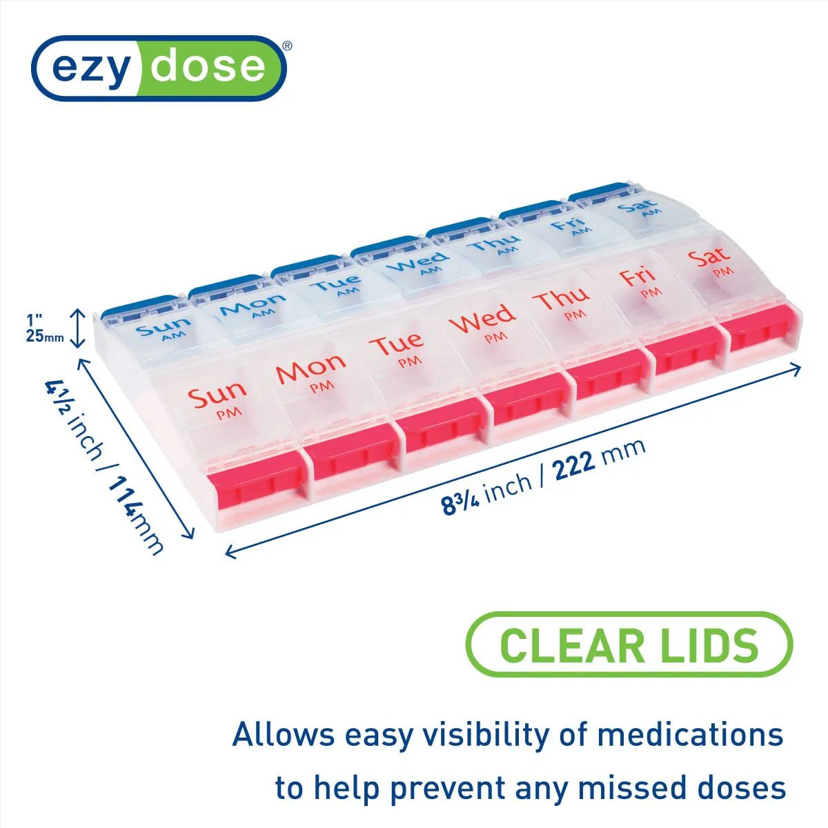 EZY DOSE Push Button (7-Day) Pill Case, Medicine Planner, Daily Vitamin Organizer, 2 Times a Day AM/PM, Large Compartments, Arthritis Friendly, Easy to Use, Clear Lids, Red/Blue, BPA Free - Image 2