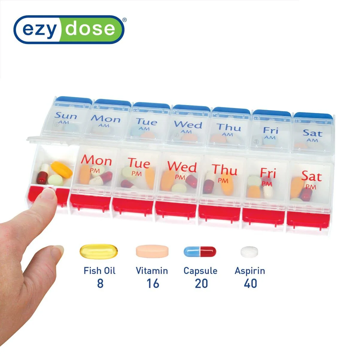 EZY DOSE Push Button (7-Day) Pill Case, Medicine Planner, Daily Vitamin Organizer, 2 Times a Day AM/PM, Large Compartments, Arthritis Friendly, Easy to Use, Clear Lids, Red/Blue, BPA Free - Image 3