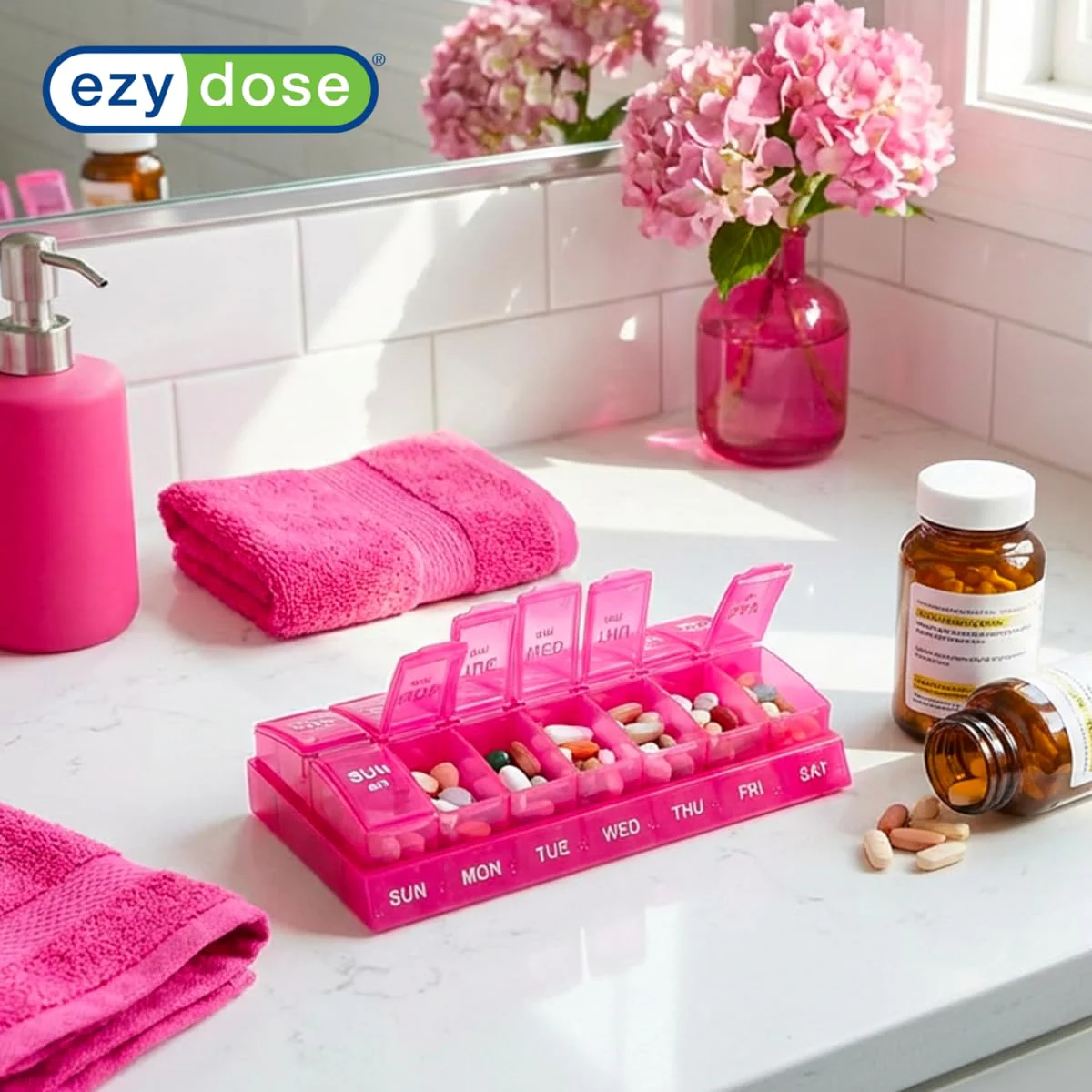 EZY DOSE Weekly, AM/PM Daily Pill Organizer, 7-Day Medicine Planner, Vitamin Container, Small Pop-Out Compartments, 2 Times a Day Pill Holder, Pink, Travel-Friendly, BPA Free - Image 5