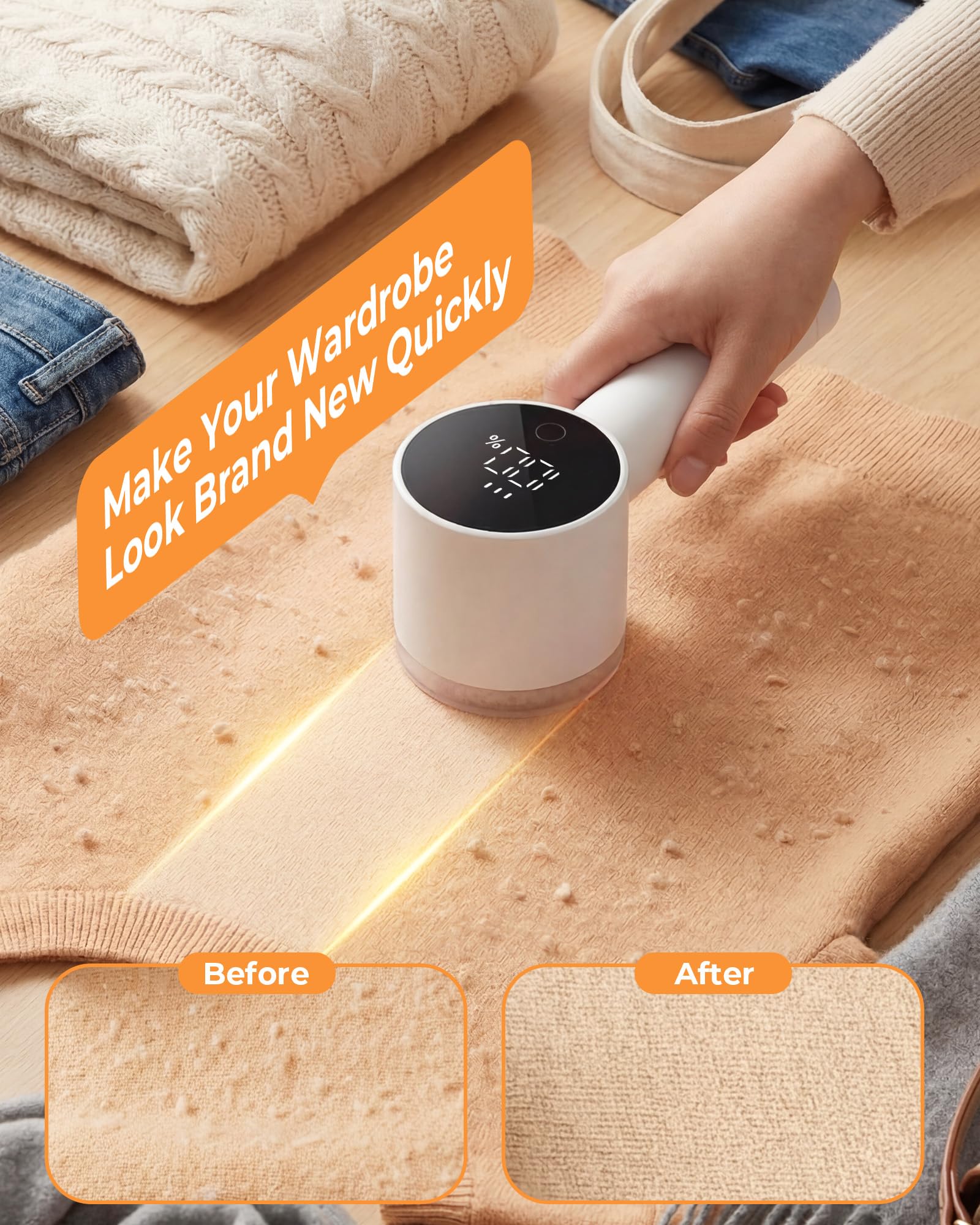 Fabric Shaver, Lint Remover Rechargeable, Electric Portable Sweater Defuzzer with 3 Speeds, 6 Leaf Blades, Digital LED Display to Remove Pilling for Clothes, Furniture, Sweater, Couch, Blanket - Image 6