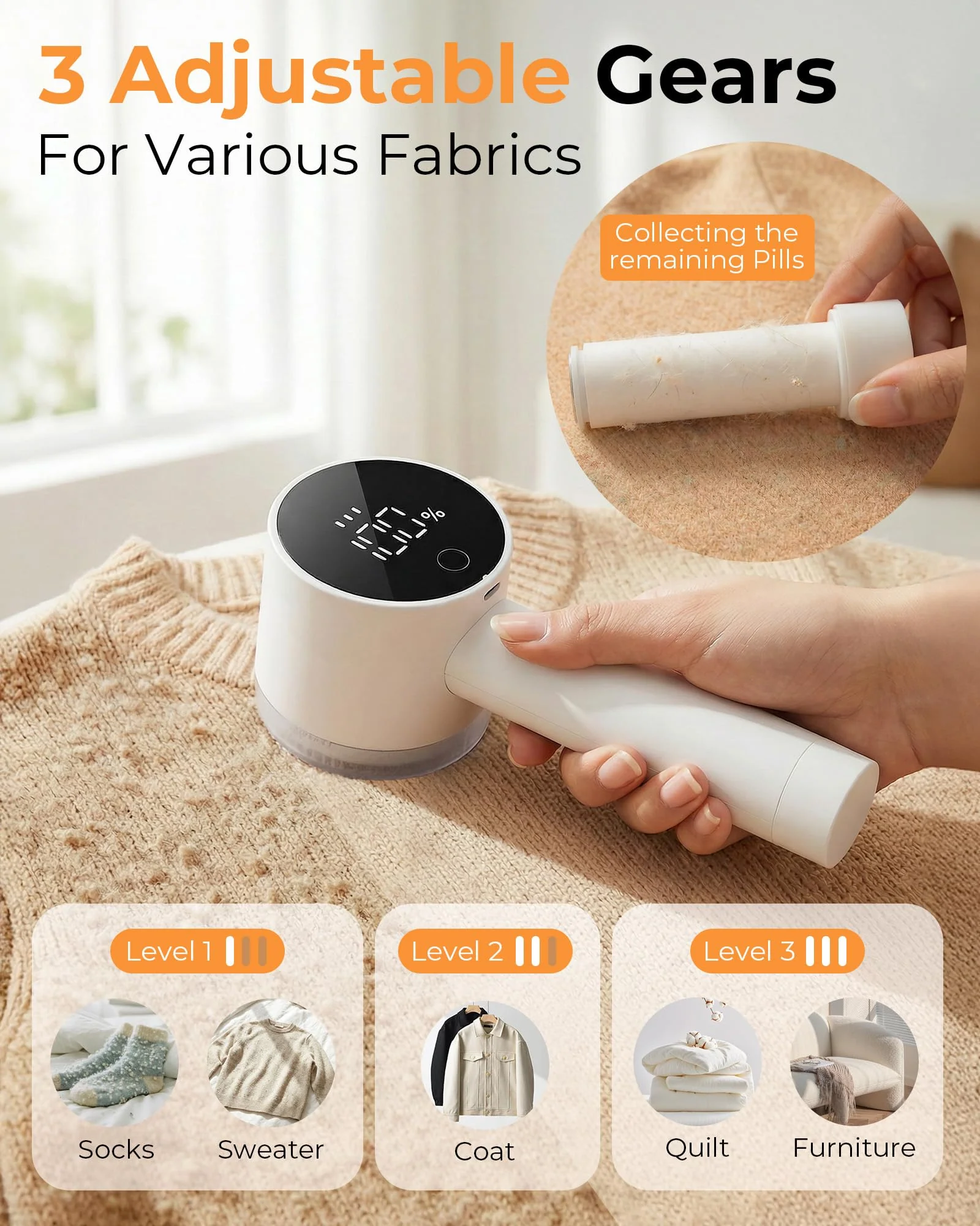 Fabric Shaver, Lint Remover Rechargeable, Electric Portable Sweater Defuzzer with 3 Speeds, 6 Leaf Blades, Digital LED Display to Remove Pilling for Clothes, Furniture, Sweater, Couch, Blanket - Image 3