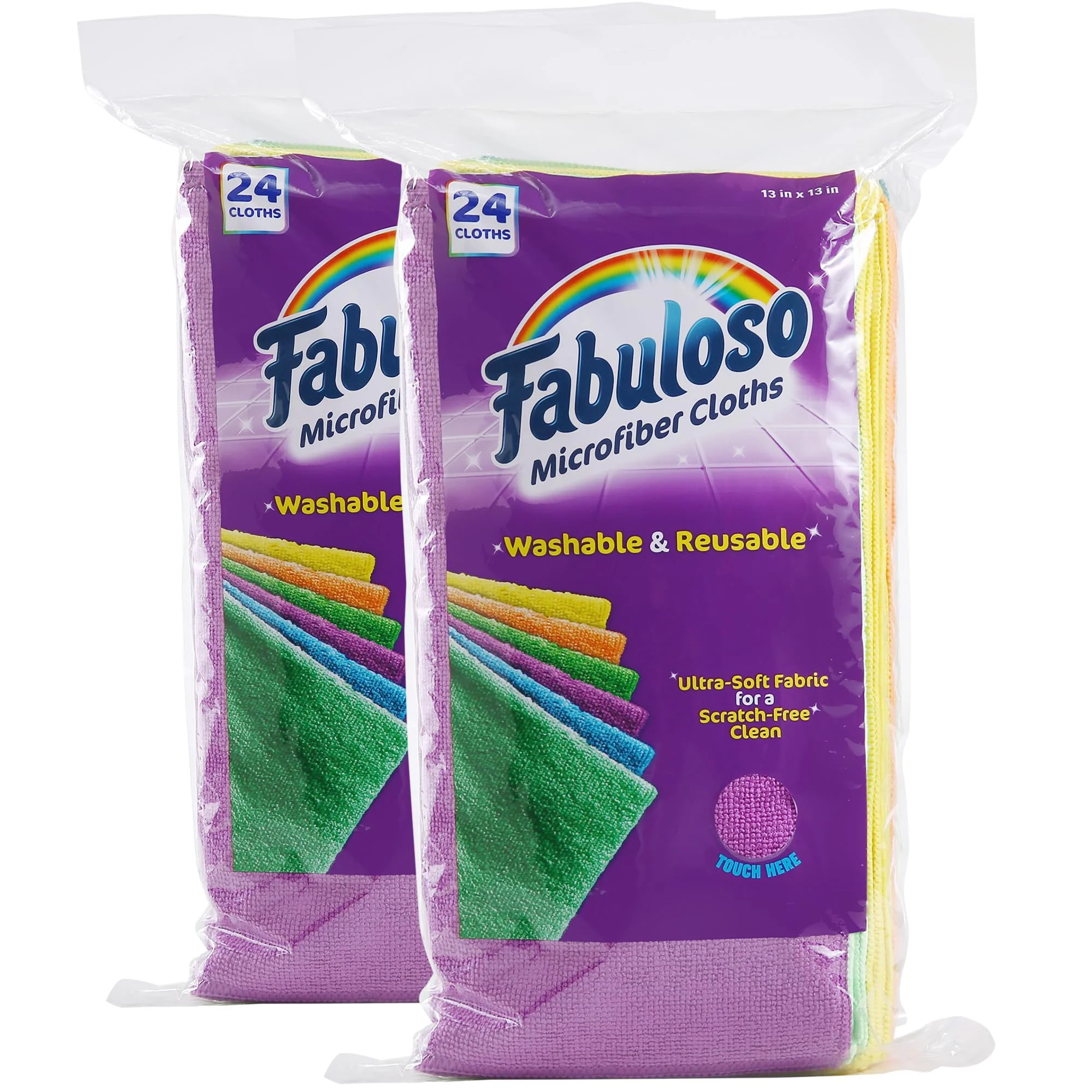 Fabuloso Microfiber Cleaning Cloths for Home & Car, Lint-Free Scratch-Free Rags for Glass, Kitchen & Wood, Reusable Machine Washable, Absorbent for Dusting & Wiping, Rainbow, 13 x 13 in, 24 Ct - 2 Pk