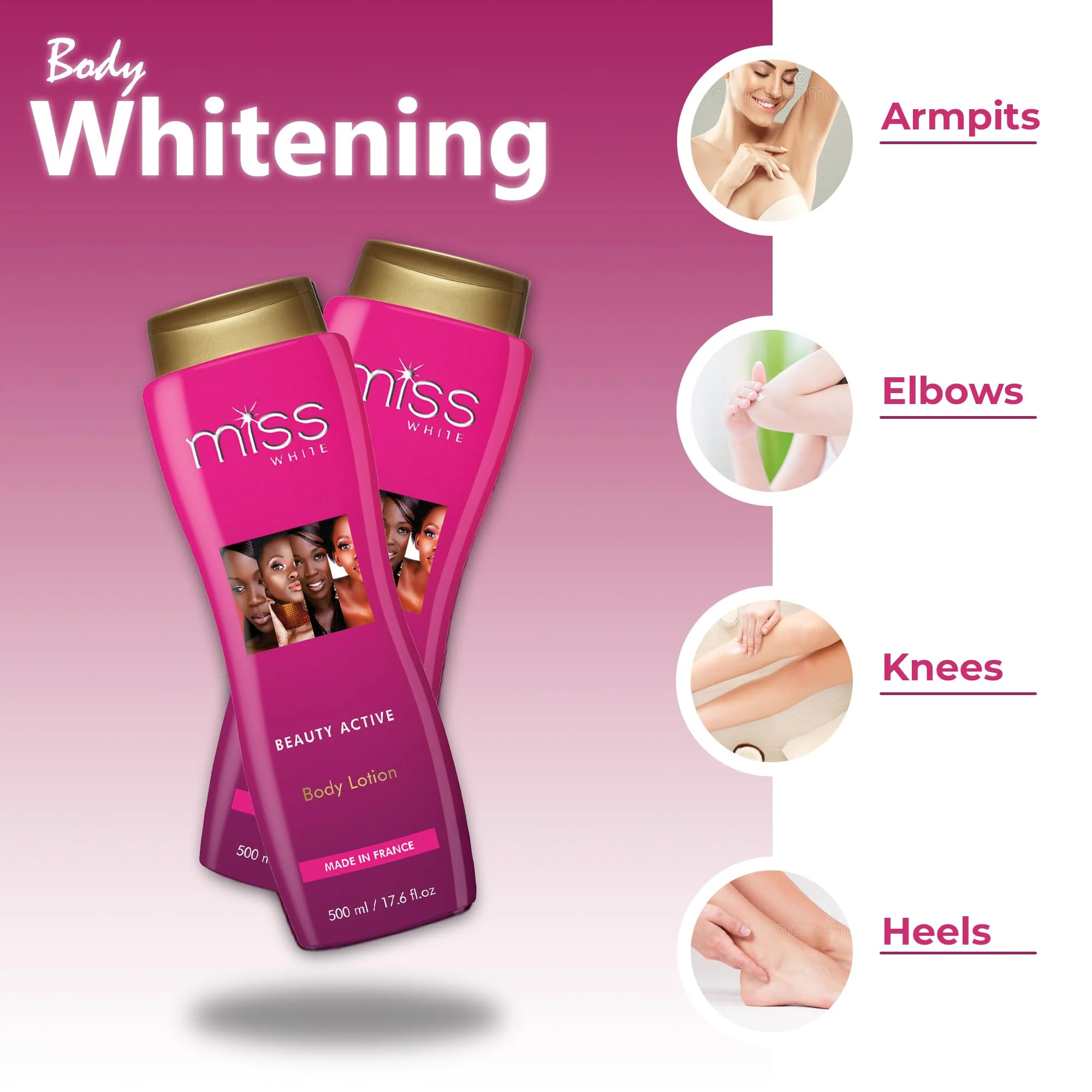 FAIR & WHITE-Miss White, Skin Brightening Body Lotion – 13.5 Fl oz / 500 ml – Moisturizing, Hydrating Lotion, Helps to Reduce pigments on: Body, Elbows, Knees and Armpits - Image 5