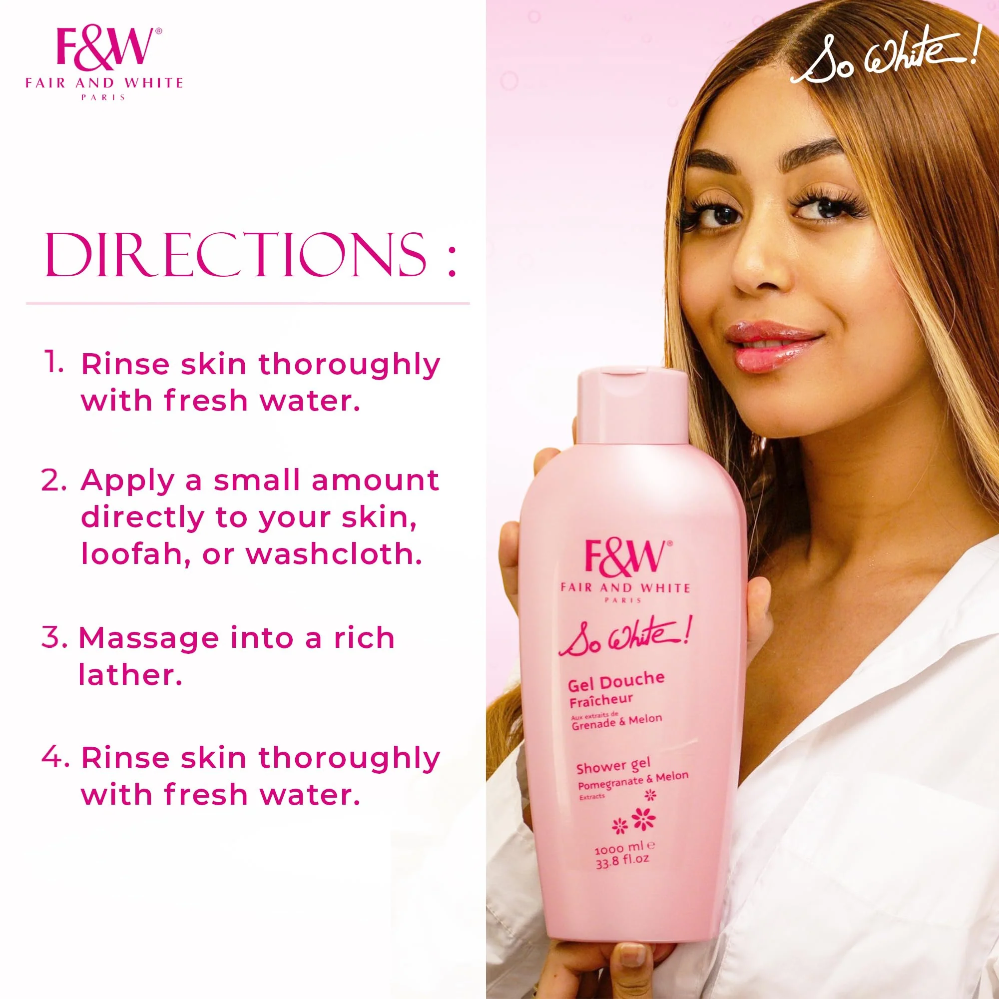 FAIR & WHITE So White Refreshing Brightening Body Wash - 1000ml / 33.8 fl oz - Daily Moisturizing Skin Shower Gel, with Pomegranate & Melon Extracts - Image 3