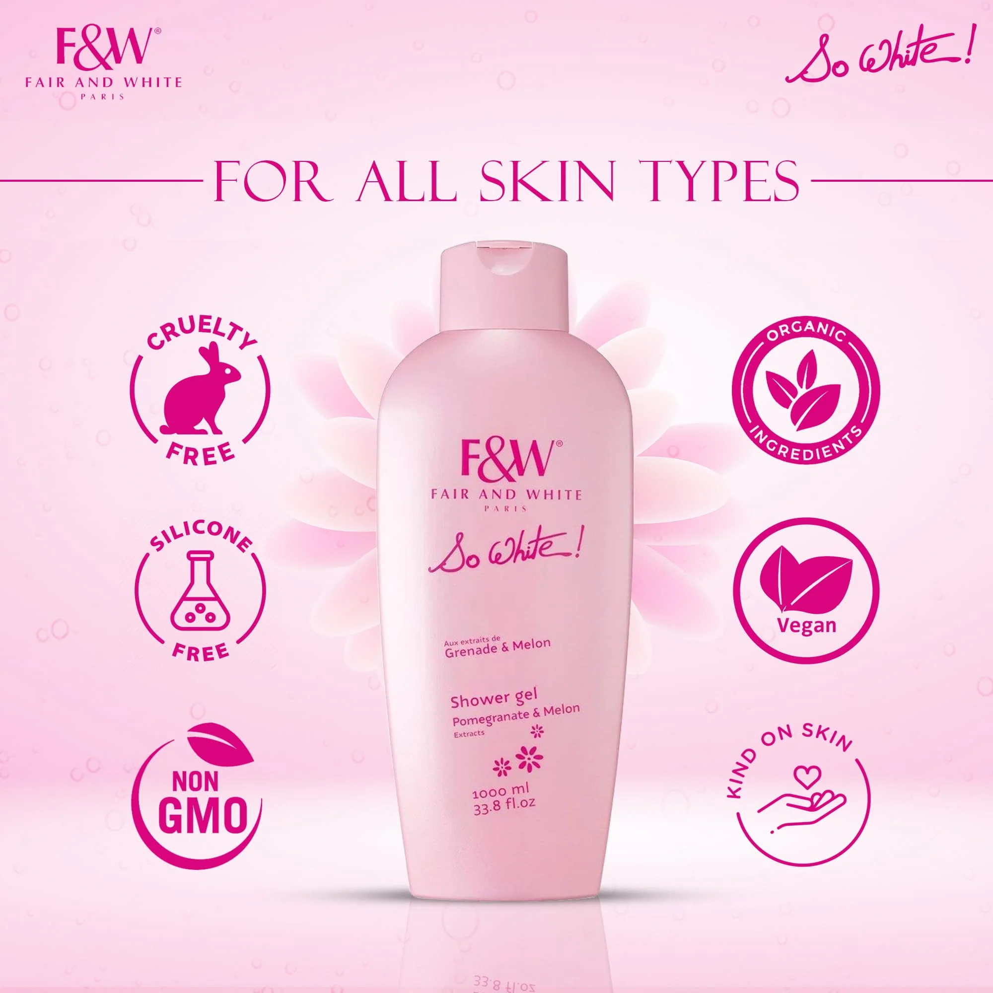 FAIR & WHITE So White Refreshing Brightening Body Wash - 1000ml / 33.8 fl oz - Daily Moisturizing Skin Shower Gel, with Pomegranate & Melon Extracts - Image 4