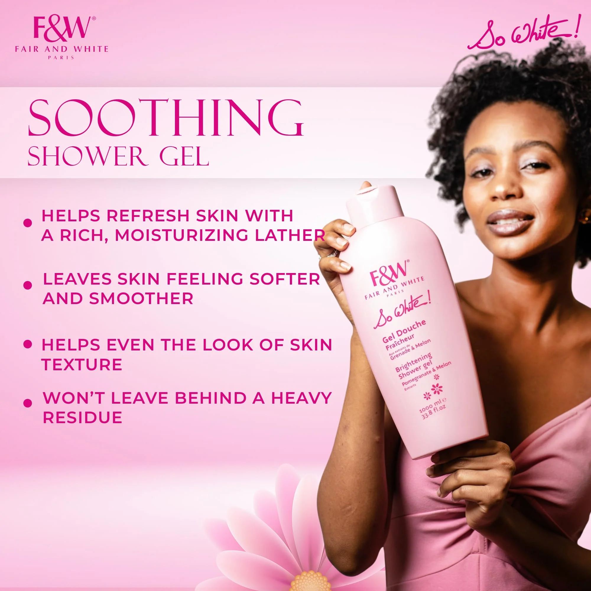 FAIR & WHITE So White Refreshing Brightening Body Wash - 1000ml / 33.8 fl oz - Daily Moisturizing Skin Shower Gel, with Pomegranate & Melon Extracts - Image 6