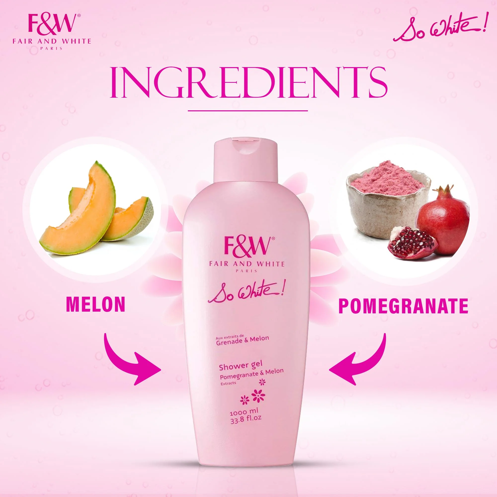 FAIR & WHITE So White Refreshing Brightening Body Wash - 1000ml / 33.8 fl oz - Daily Moisturizing Skin Shower Gel, with Pomegranate & Melon Extracts - Image 7