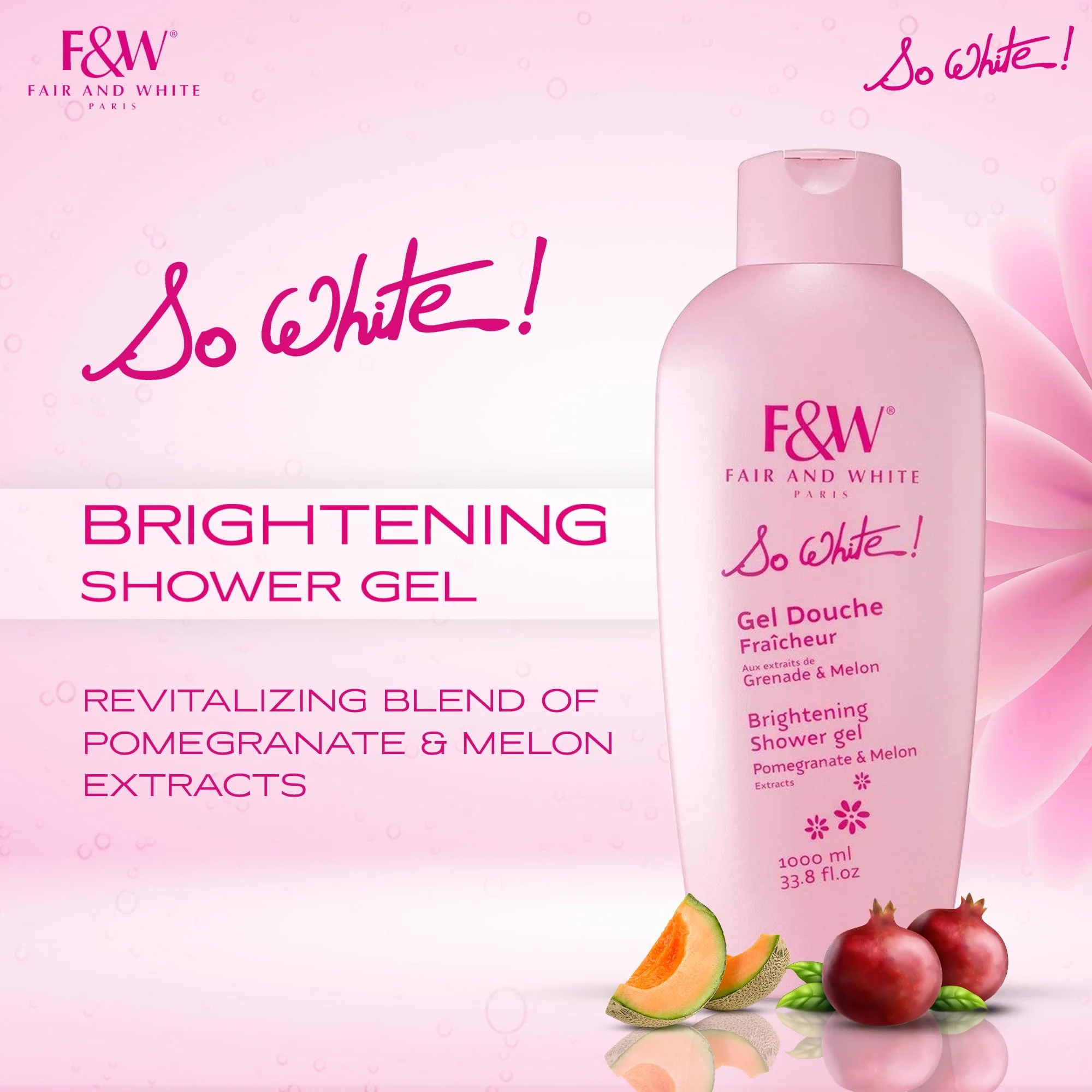 FAIR & WHITE So White Refreshing Brightening Body Wash - 1000ml / 33.8 fl oz - Daily Moisturizing Skin Shower Gel, with Pomegranate & Melon Extracts - Image 8