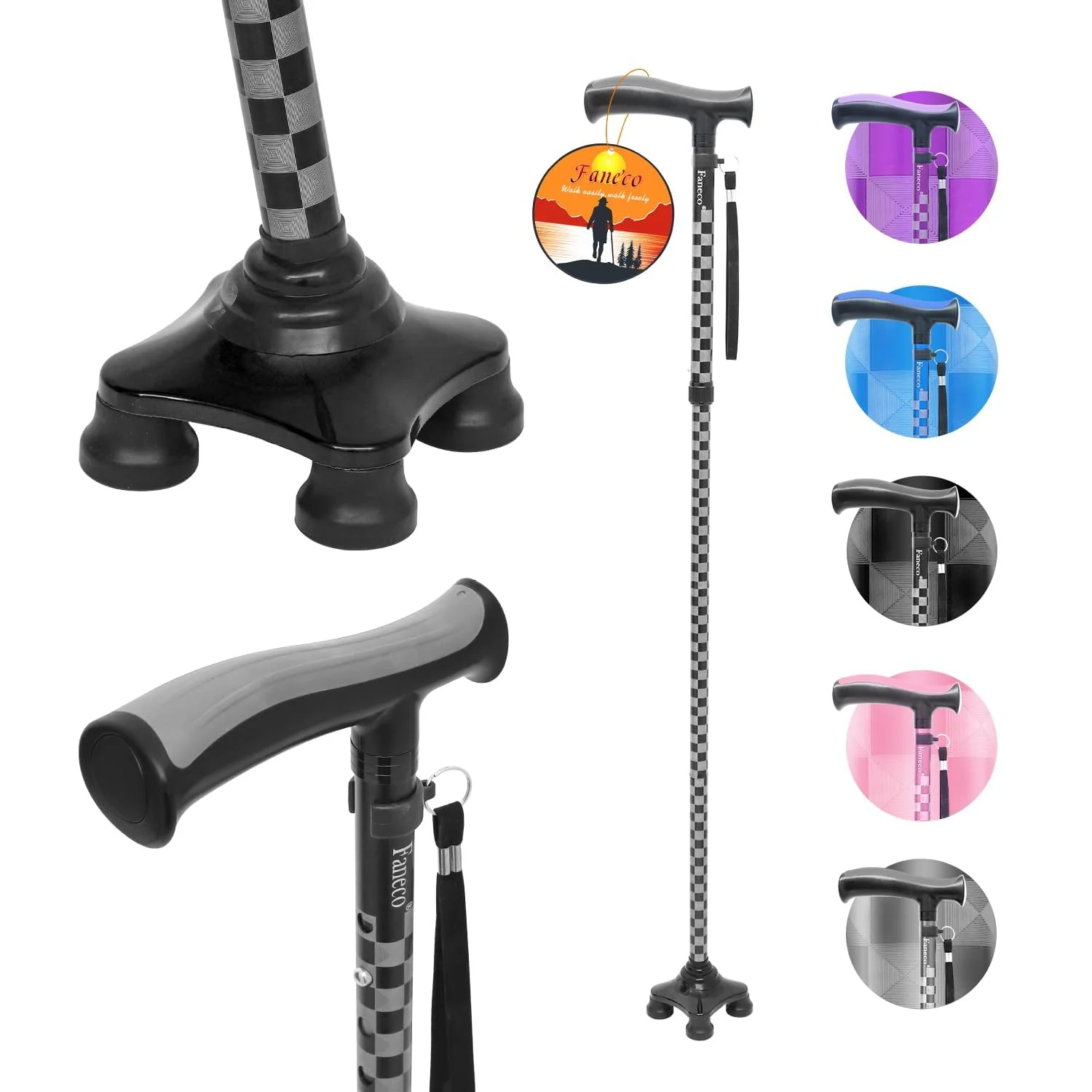 FANECO Walking Cane for Women/Men, Free Standing Folding Cane for Seniors, Pivoting Quad Base for Balance and Stability, Lightweight Adjustable Walking Stick for Elderly - Image 2