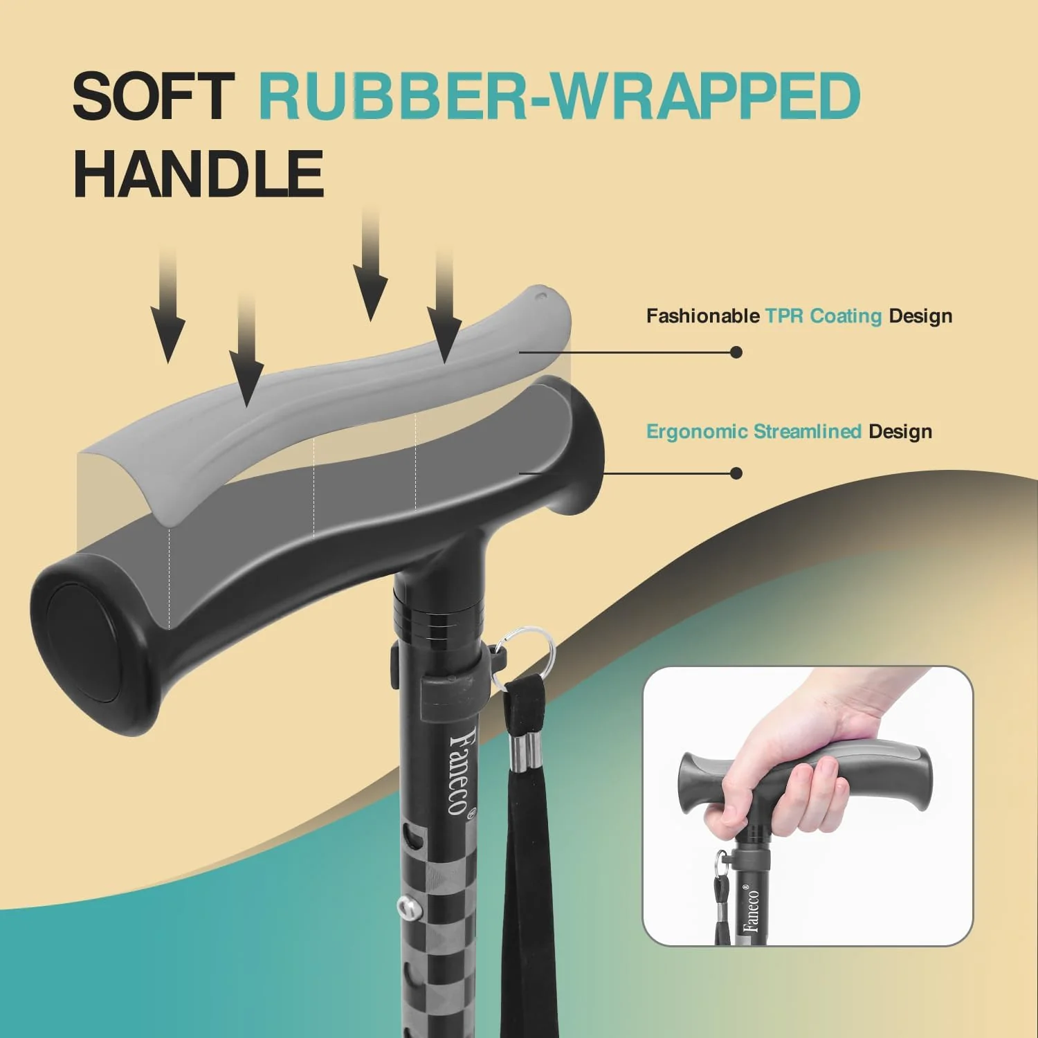 FANECO Walking Cane for Women/Men, Free Standing Folding Cane for Seniors, Pivoting Quad Base for Balance and Stability, Lightweight Adjustable Walking Stick for Elderly - Image 3