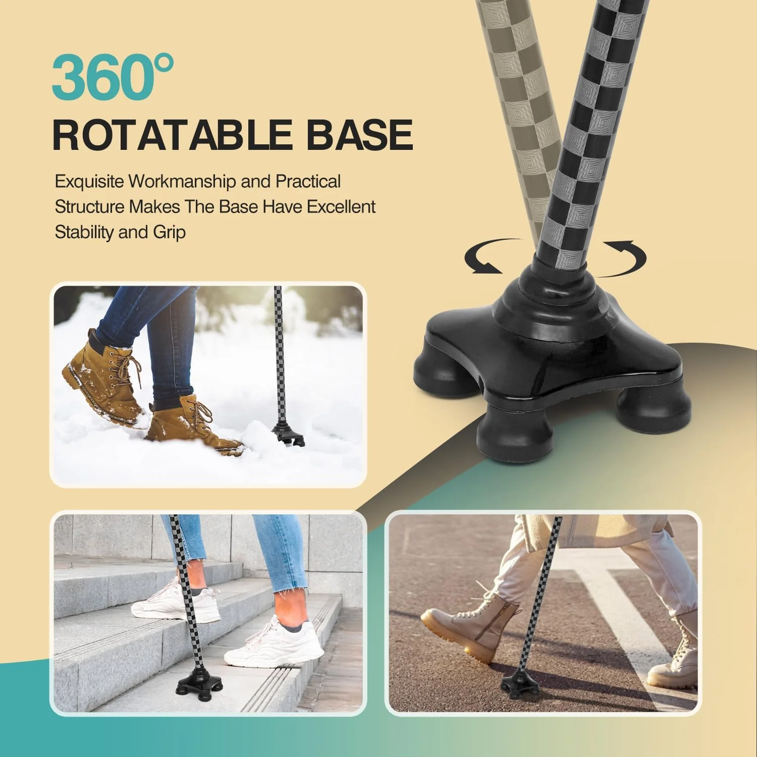 FANECO Walking Cane for Women/Men, Free Standing Folding Cane for Seniors, Pivoting Quad Base for Balance and Stability, Lightweight Adjustable Walking Stick for Elderly - Image 4