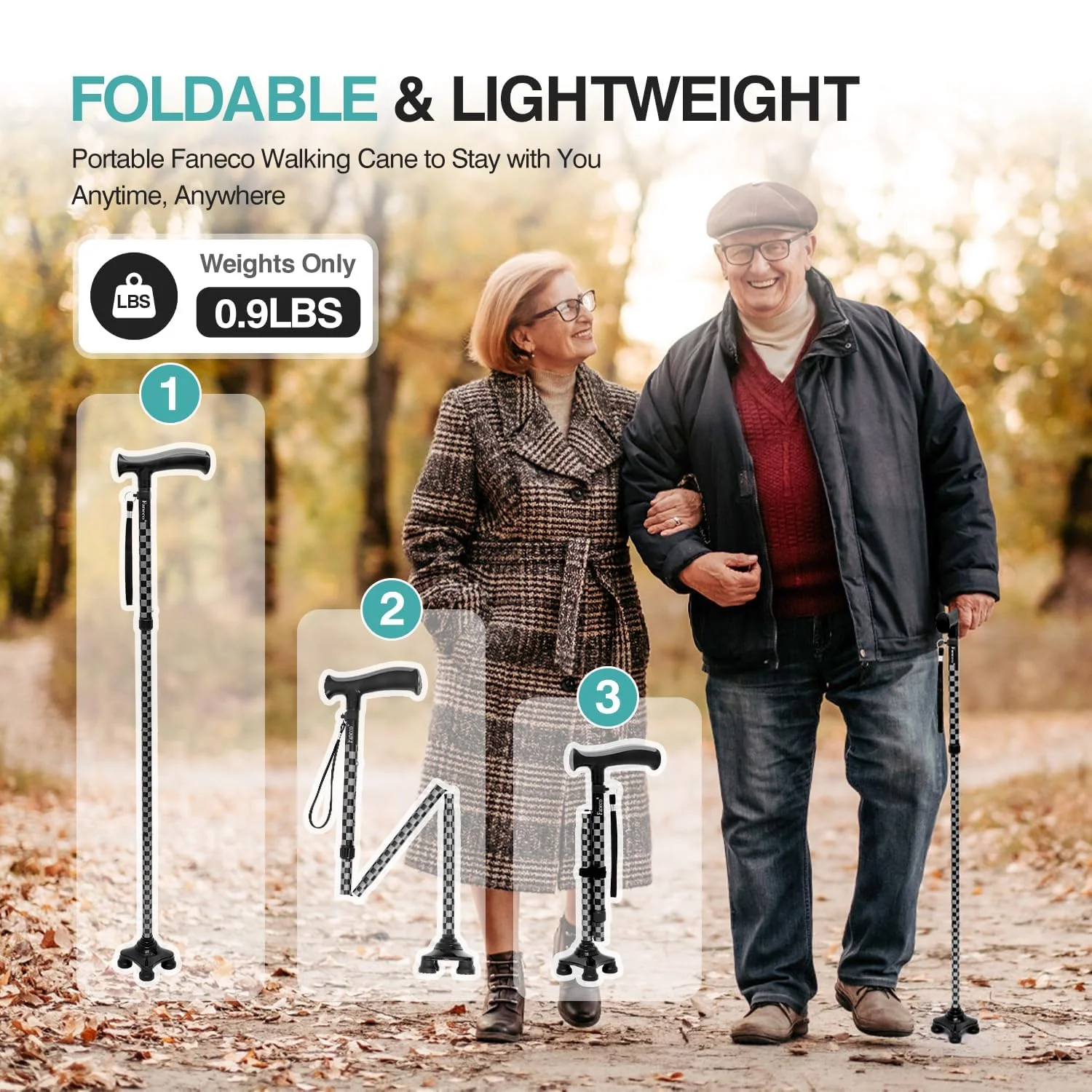 FANECO Walking Cane for Women/Men, Free Standing Folding Cane for Seniors, Pivoting Quad Base for Balance and Stability, Lightweight Adjustable Walking Stick for Elderly - Image 7