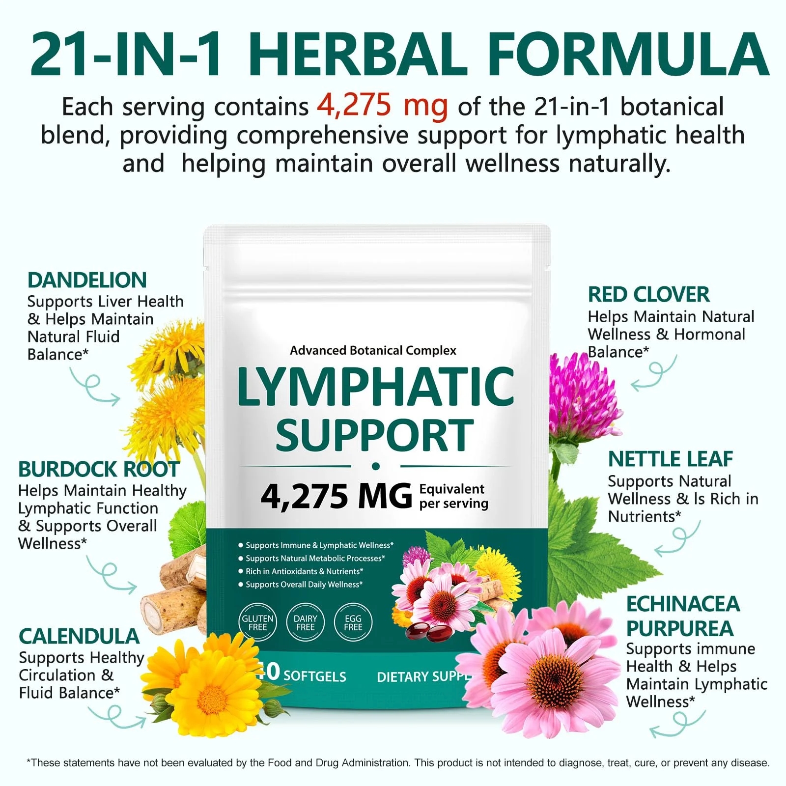 FANSHI Lymphatic Drainage Supplements 240 Softgels | Herbal Blend with Echinacea, Dandelion & Burdock Root | Promotes Healthy Circulation & Fluid Balance | Supports Overall Daily Wellness - Image 6