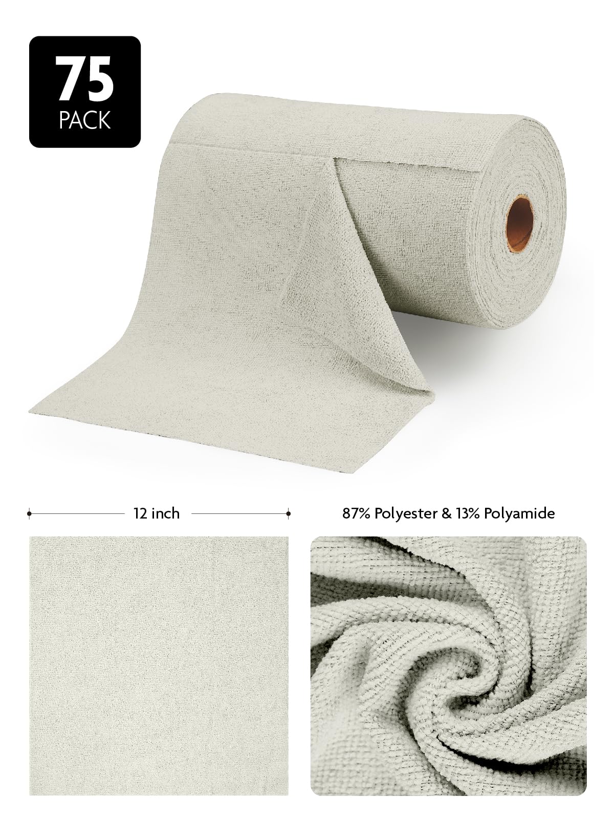 Fantasticlean Microfiber Cleaning Cloth Roll -75 Pack, Tear Away Microfiber Towels, 12" x 12", Reusable, Washable, Scratch Free, Ultra Absorbent Dishcloth for All-Around Cleaning Supplies (Cool Grey) - Image 3