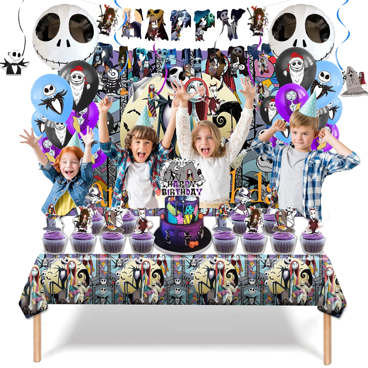 Favuit Birthday Decorations, Nightmare Christmas Party Supplies Halloween Birthday Party Decorations Set Includes Banner Balloons Tablecloth Backdrop Hanging Swirls Cake Toppers - Image 3