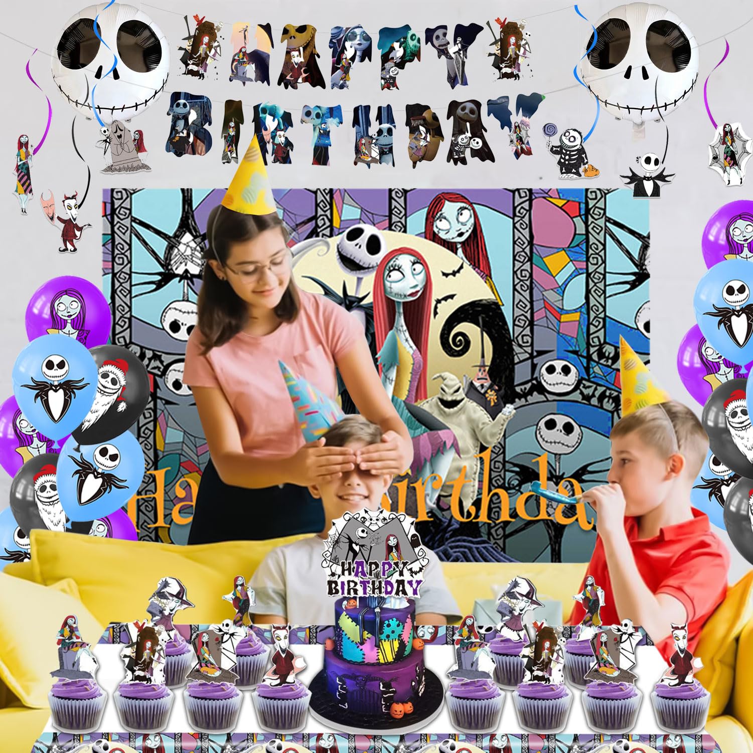 Favuit Birthday Decorations, Nightmare Christmas Party Supplies Halloween Birthday Party Decorations Set Includes Banner Balloons Tablecloth Backdrop Hanging Swirls Cake Toppers - Image 5