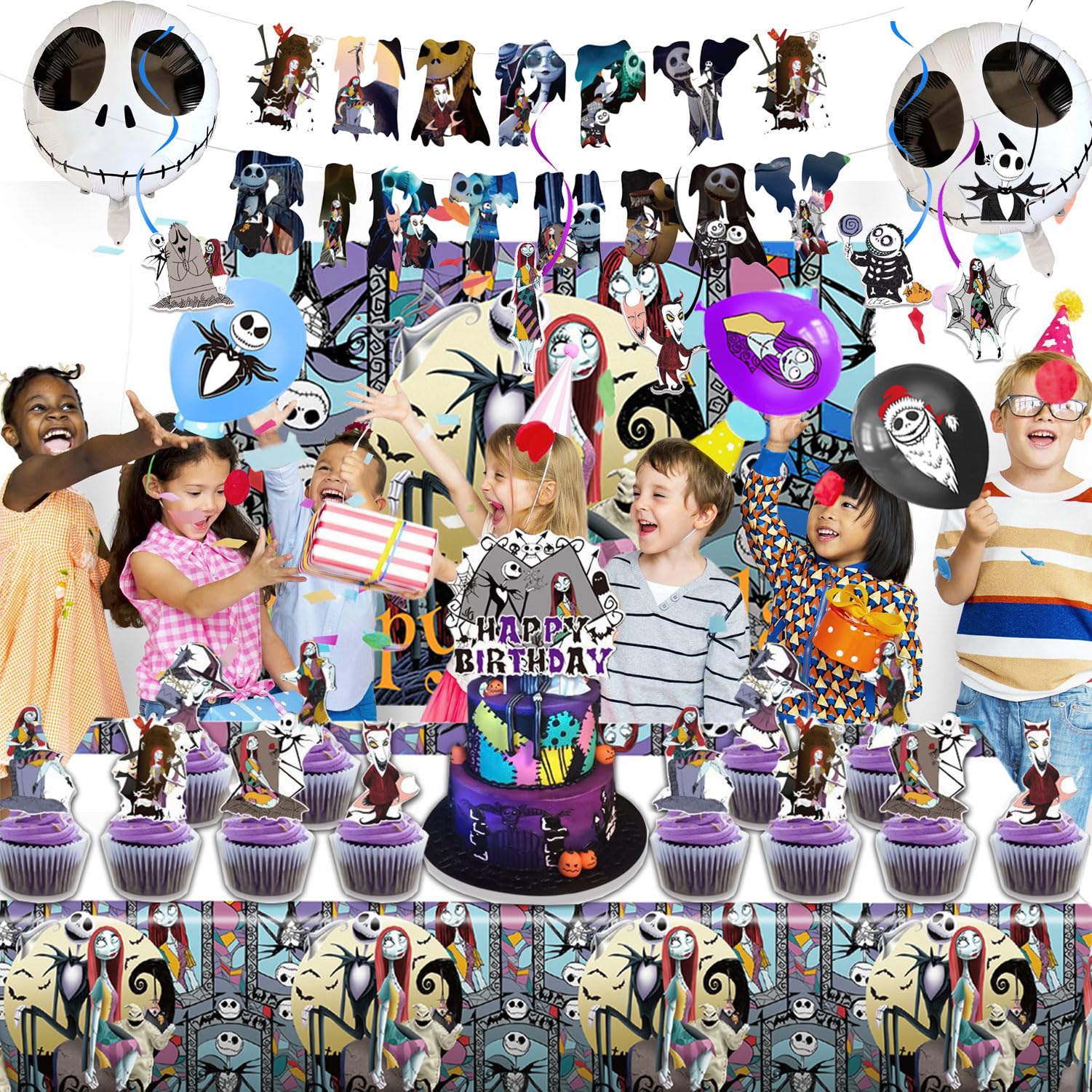 Favuit Birthday Decorations, Nightmare Christmas Party Supplies Halloween Birthday Party Decorations Set Includes Banner Balloons Tablecloth Backdrop Hanging Swirls Cake Toppers - Image 6