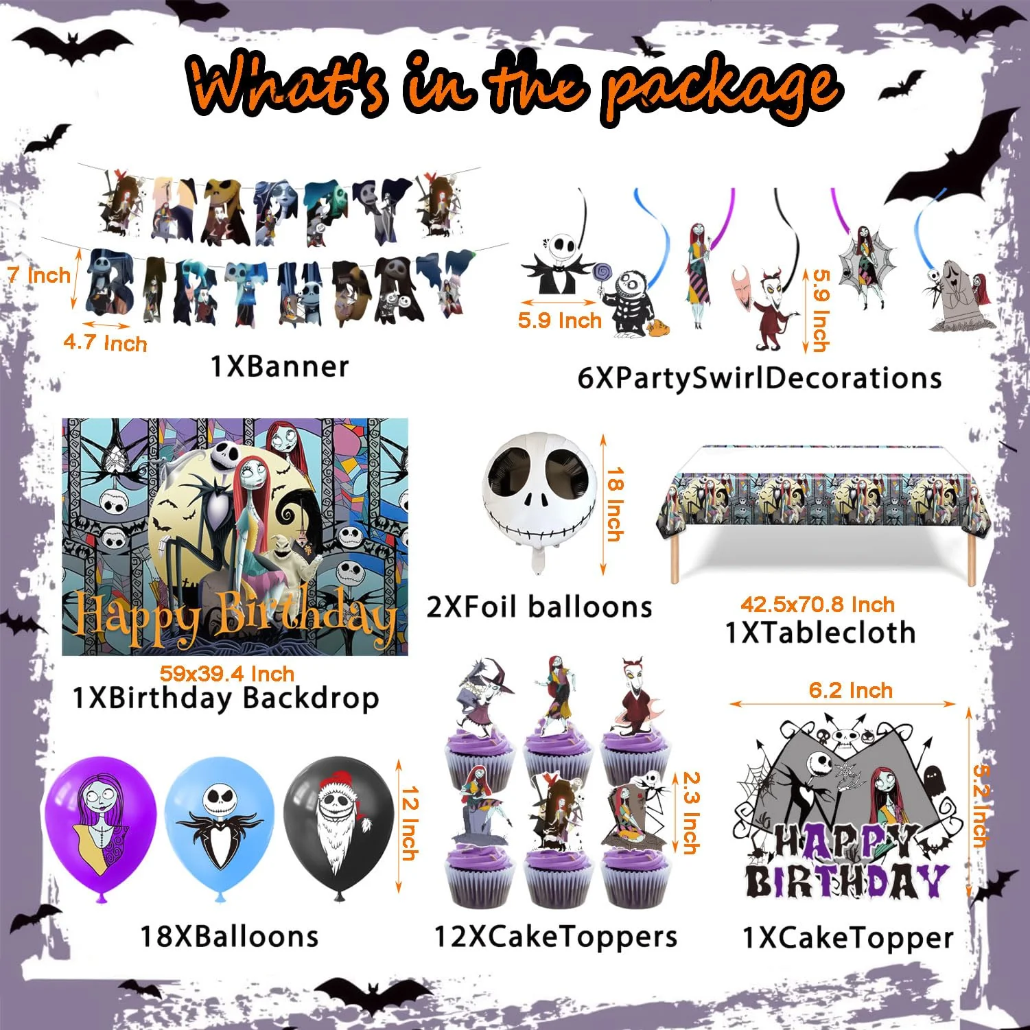 Favuit Birthday Decorations, Nightmare Christmas Party Supplies Halloween Birthday Party Decorations Set Includes Banner Balloons Tablecloth Backdrop Hanging Swirls Cake Toppers - Image 8