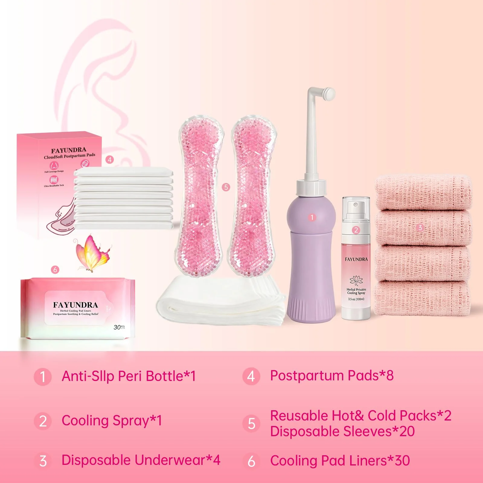 FAYUNDRA Postpartum Essentials Kit for Labor & Delivery, Postpartum Kit with Cooling Spray, 4 Disposable Postpartum Underwears, 8 Postpartum Pads, 2 Hot & Cold Packs, 30 Pad Liners, Peri Bottle (6) - Image 8