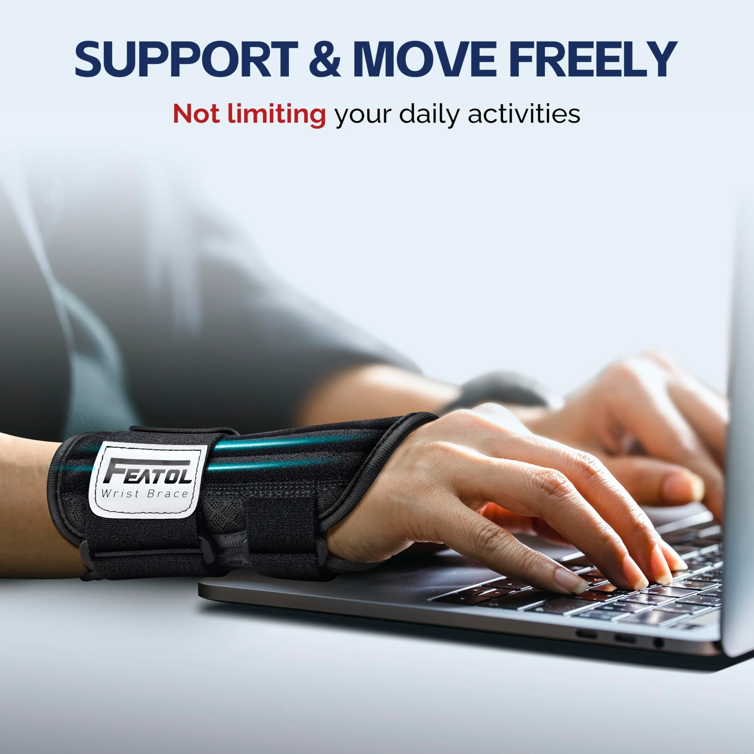 FEATOL 2 Pack Carpal Tunnel Wrist Brace For Work With Wrist Splint, 6.5'' Wrist Brace Night Support For Women Men, Pain Relief For Tendonitis, Arthritis, Pregnancy, Typing, Right and Left Hand, Medium - Image 2