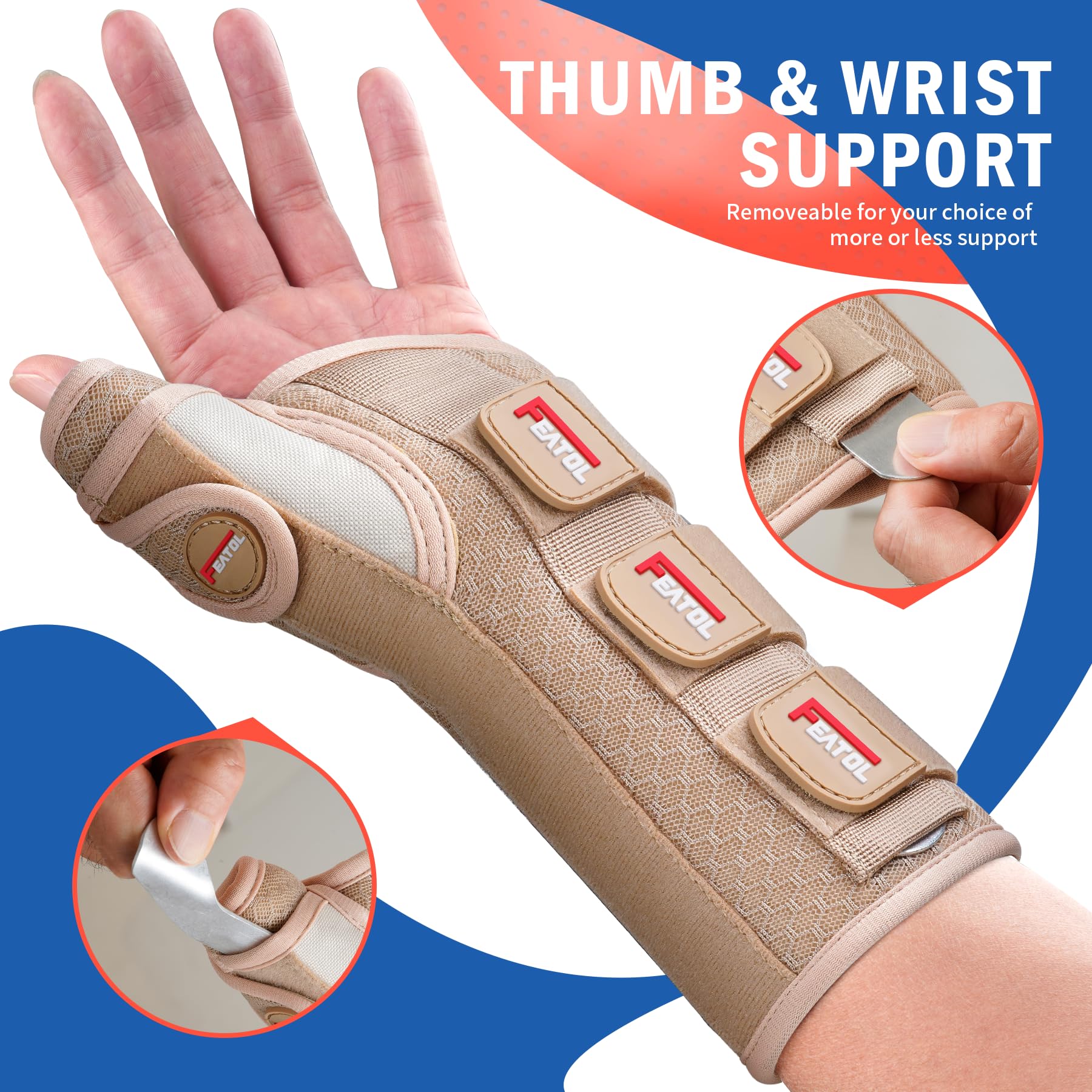 FEATOL Carpal Tunnel Wrist Brace Night Support, Thumb Spica Splint Left Hand for De Quervains Tenosynovitis, Tendonitis, Thumb Brace for Women Men, Beige, Large/XLarge - Image 3