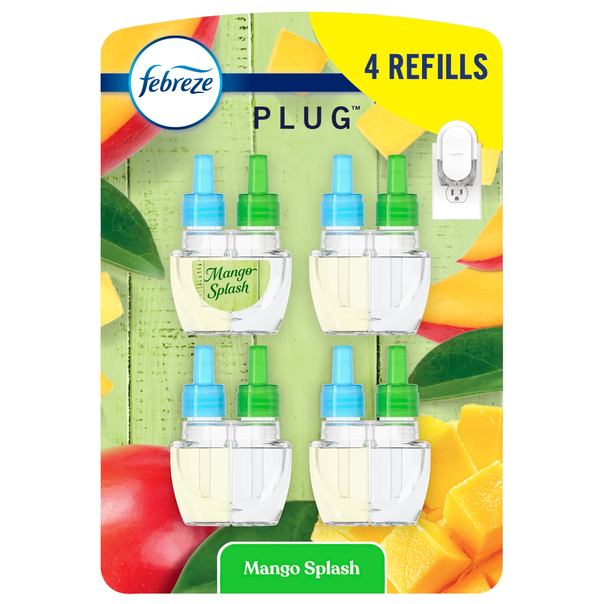 Febreze Plug In Air Freshener, Odor-Fighting Scented Oil Refill, Air Fresheners for Home and Bathroom and Kitchen, Long Lasting for Strong Odors, Mango Splash Scent, 0.87oz Refills, 4 Count