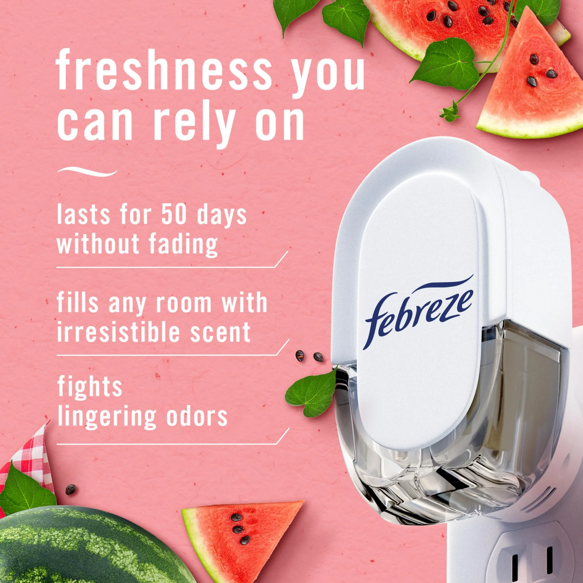 Febreze Plug In Air Freshener, Odor-Fighting Scented Oil Refill, Air Fresheners for Home and Bathroom and Kitchen, Long Lasting for Strong Odors, Sweet Watermelon Vine Scent, 0.87oz Refill, 3 Count - Image 2