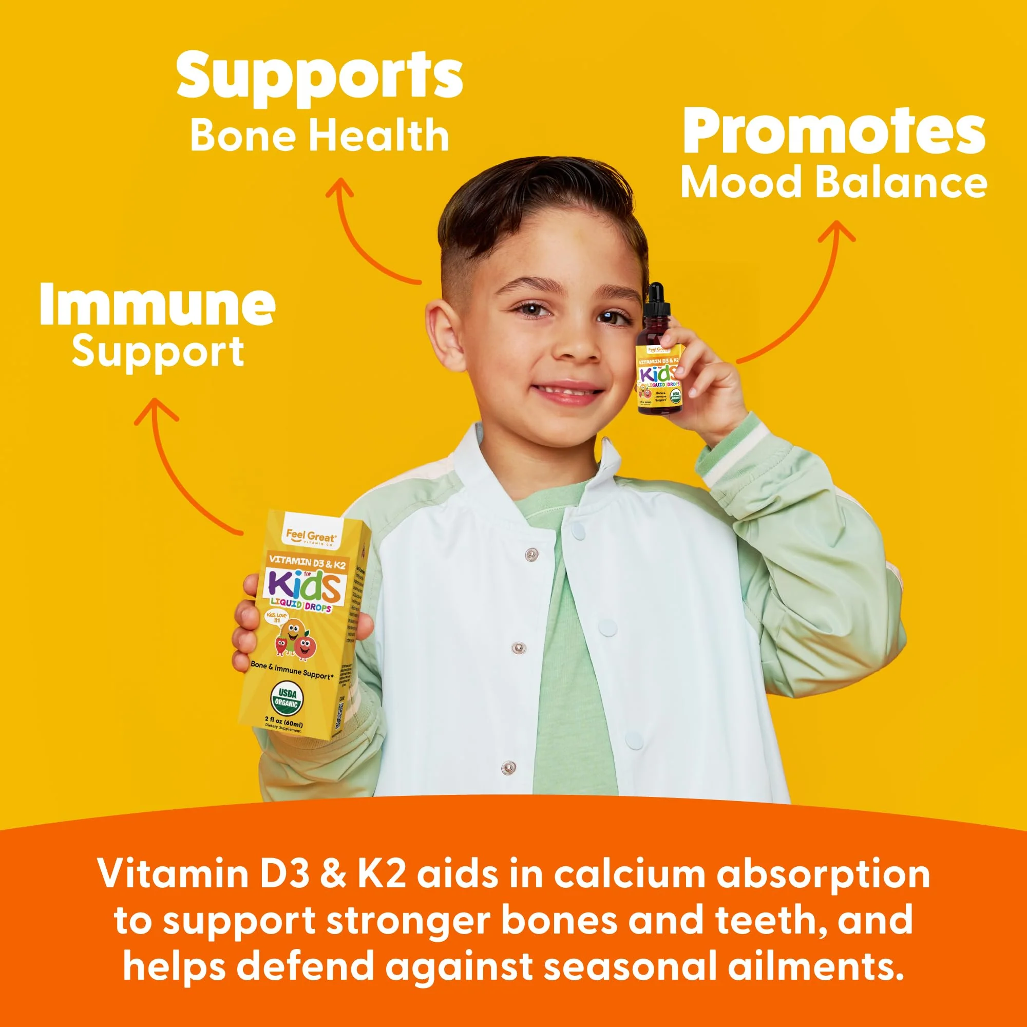 Feel Great USDA Organic Liquid Vitamin D Drops for Infants & Toddlers (2 oz) w/ K2 for Absorption | Vitamin D for Kids Supports Immune Support & Bone Health | Sugar Free, Vegan, Non-GMO & Gluten Free - Image 2