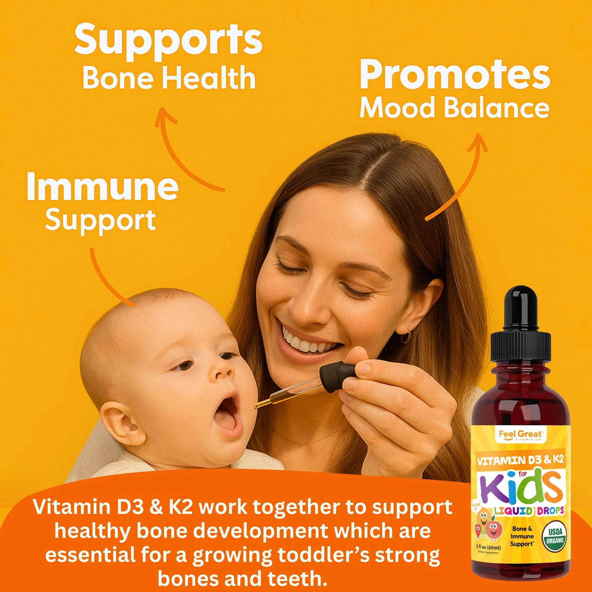 Feel Great USDA Organic Liquid Vitamin D Drops for Infants & Toddlers (2 oz) w/ K2 for Absorption | Vitamin D for Kids Supports Immune Support & Bone Health | Sugar Free, Vegan, Non-GMO & Gluten Free - Image 6