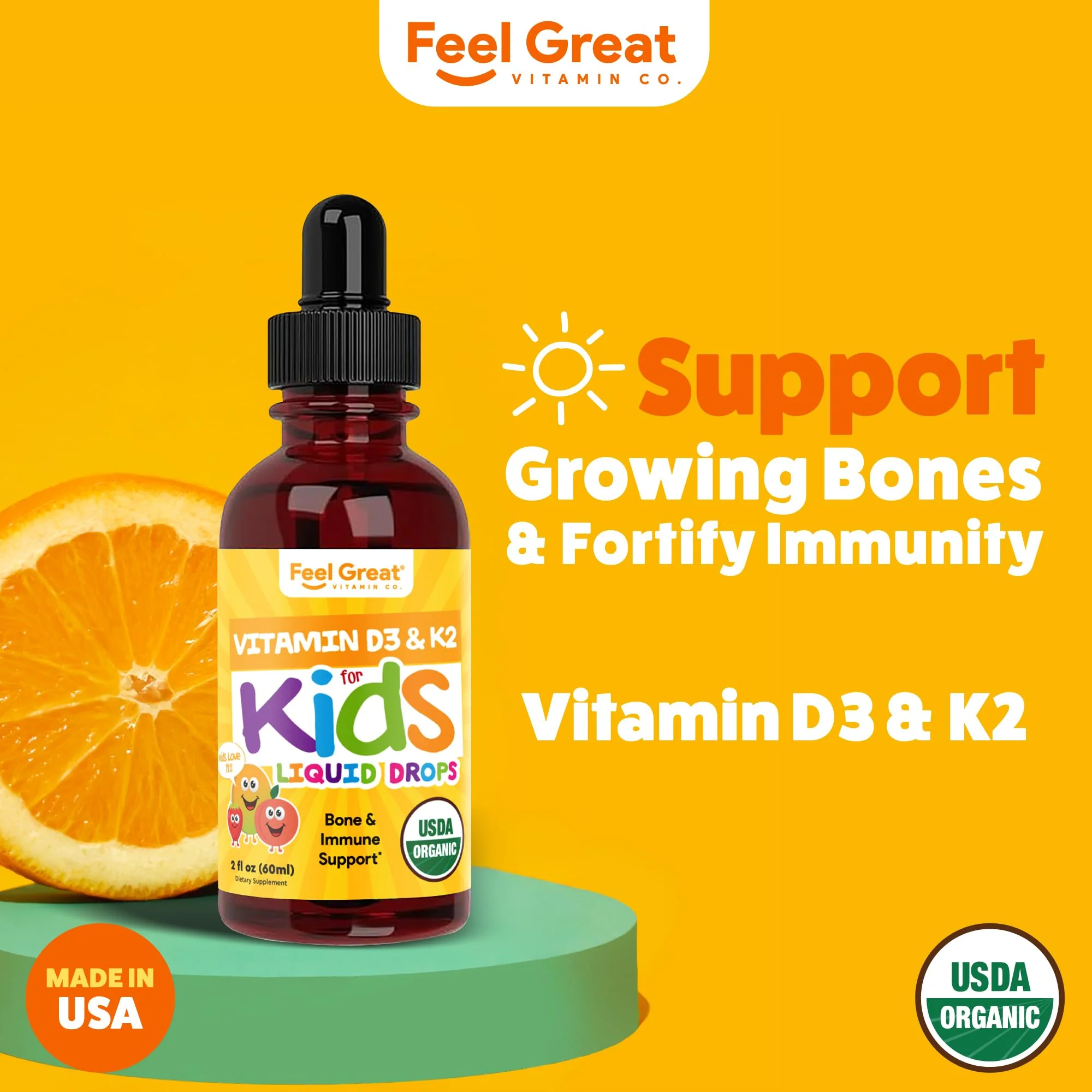 Feel Great USDA Organic Liquid Vitamin D Drops for Infants & Toddlers (2 oz) w/ K2 for Absorption | Vitamin D for Kids Supports Immune Support & Bone Health | Sugar Free, Vegan, Non-GMO & Gluten Free - Image 7