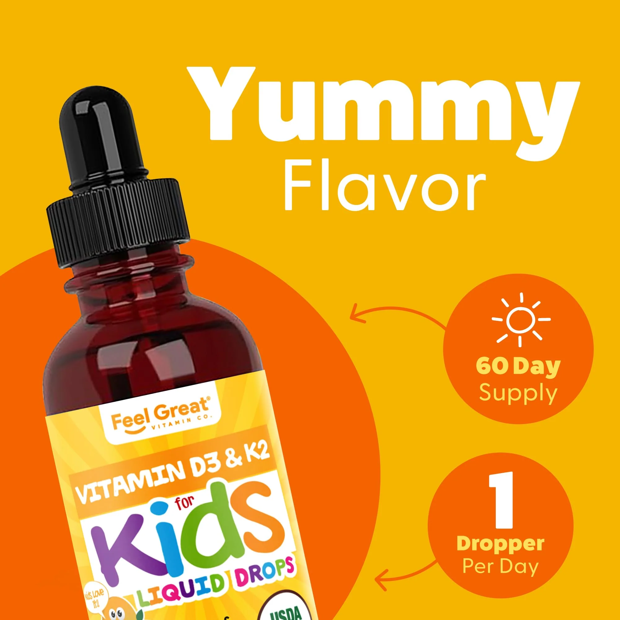 Feel Great USDA Organic Liquid Vitamin D Drops for Infants & Toddlers (2 oz) w/ K2 for Absorption | Vitamin D for Kids Supports Immune Support & Bone Health | Sugar Free, Vegan, Non-GMO & Gluten Free - Image 8