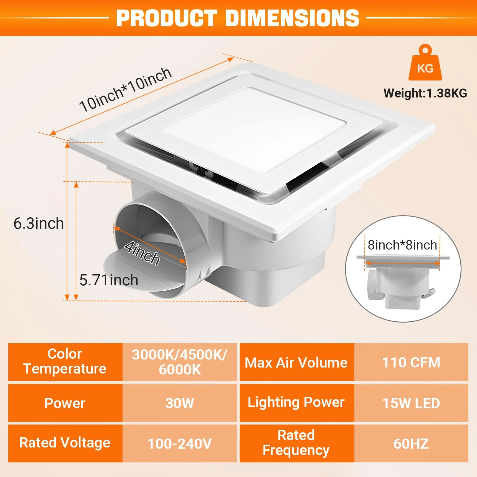 FEITON Square Bathroom Exhaust Fan with LED Light, Adjustable Color Temperature(3000K/4500K/6000K), 110 CFM 30W 4 Inch Duct, 110-220V 1.0 Sones Quiet Bathroom Ventilation Fan Light Combo Ceiling Mount - Image 5