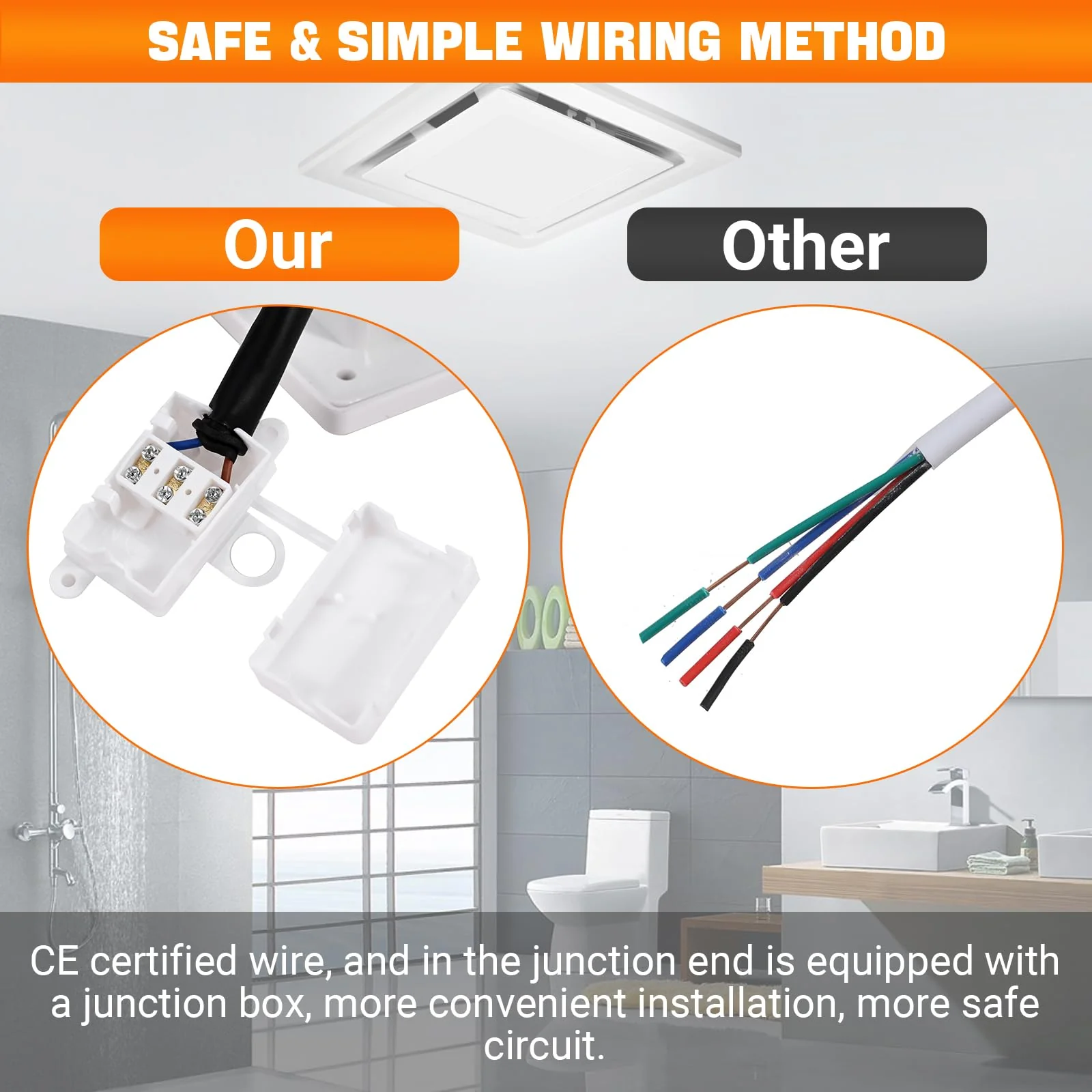 FEITON Square Bathroom Exhaust Fan with LED Light, Adjustable Color Temperature(3000K/4500K/6000K), 110 CFM 30W 4 Inch Duct, 110-220V 1.0 Sones Quiet Bathroom Ventilation Fan Light Combo Ceiling Mount - Image 6