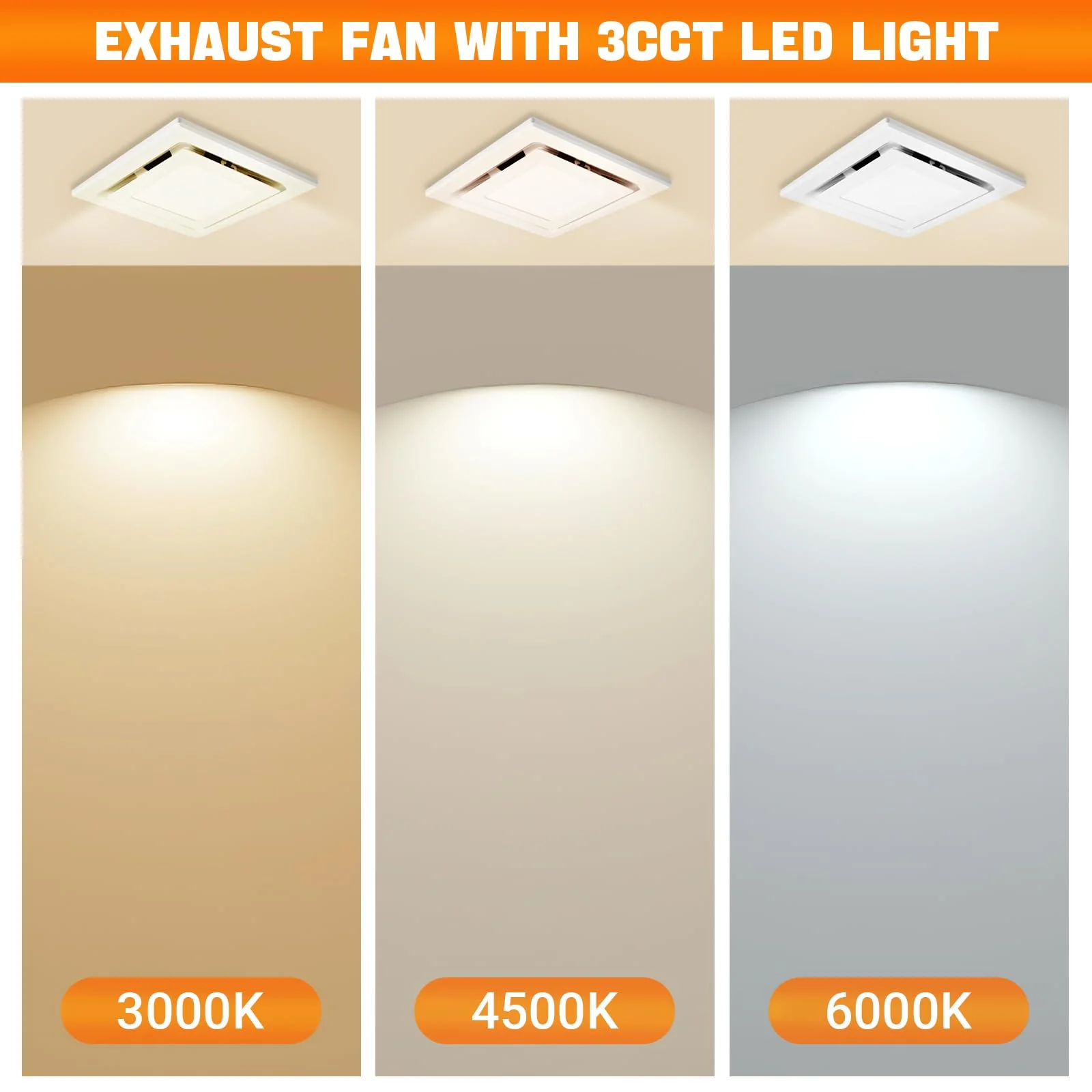 FEITON Square Bathroom Exhaust Fan with LED Light, Adjustable Color Temperature(3000K/4500K/6000K), 110 CFM 30W 4 Inch Duct, 110-220V 1.0 Sones Quiet Bathroom Ventilation Fan Light Combo Ceiling Mount - Image 7