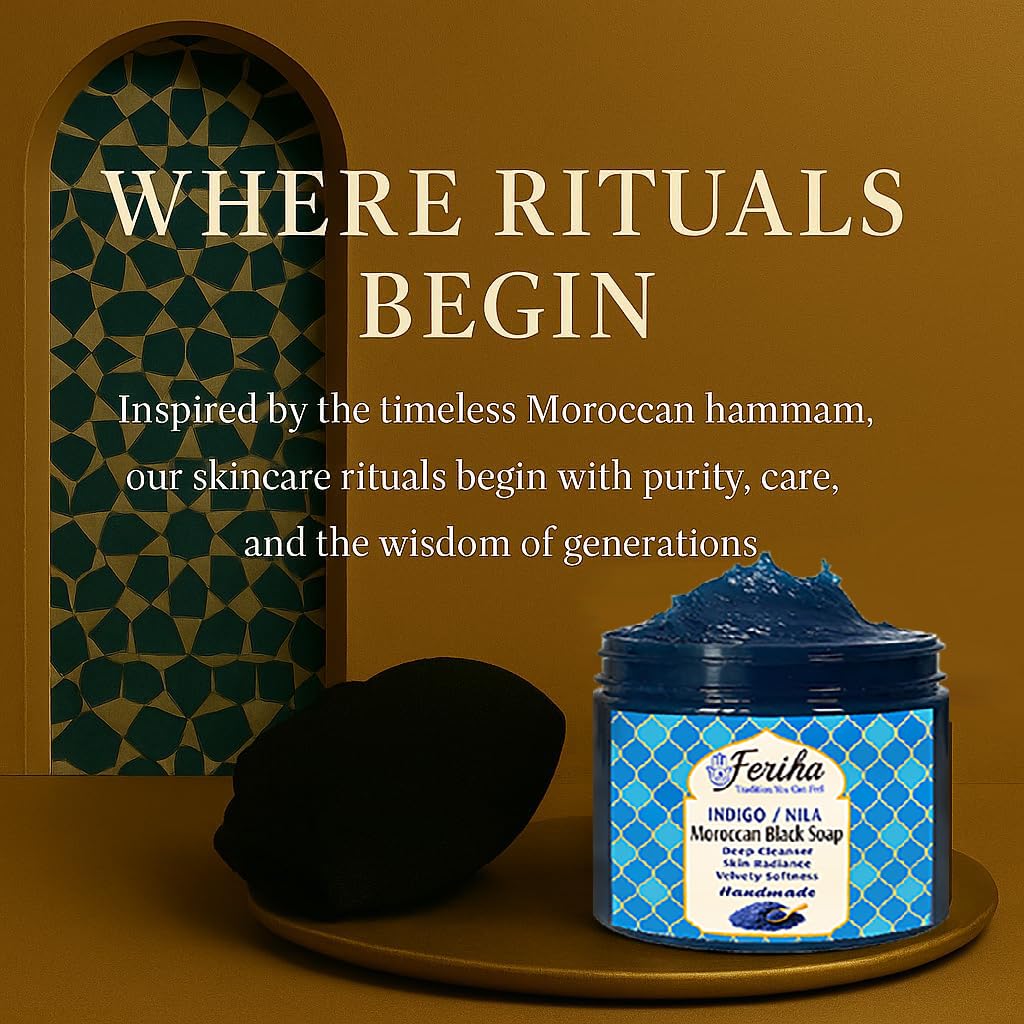 Feriha Moroccan Black Soap, Indigo, Sahara Nila, 100% Natural, Artisan Beldi Soap, Crafted & Packed in Morocco - Traditional Hammam Formula - Image 3