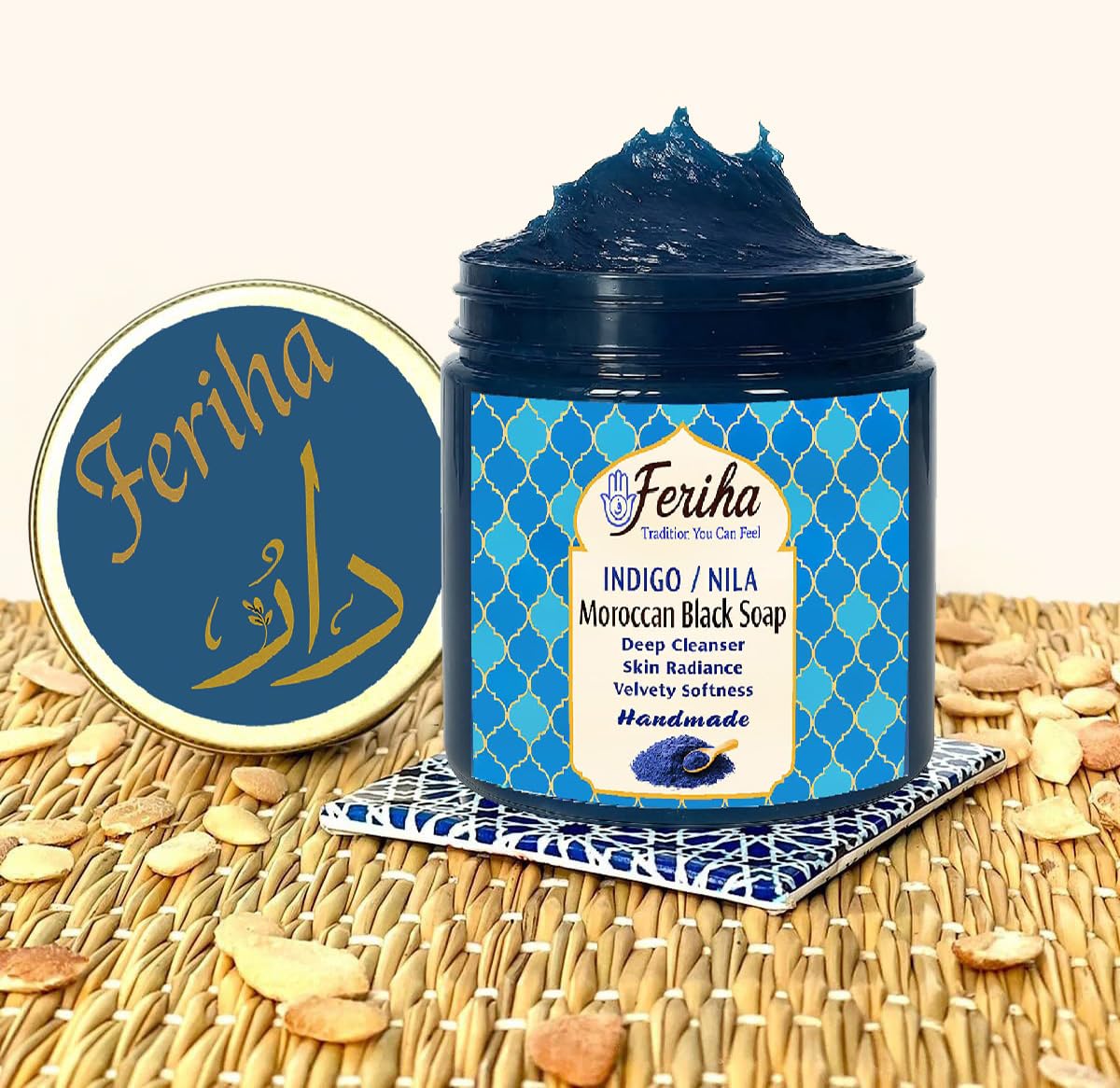 Feriha Moroccan Black Soap, Indigo, Sahara Nila, 100% Natural, Artisan Beldi Soap, Crafted & Packed in Morocco - Traditional Hammam Formula - Image 4