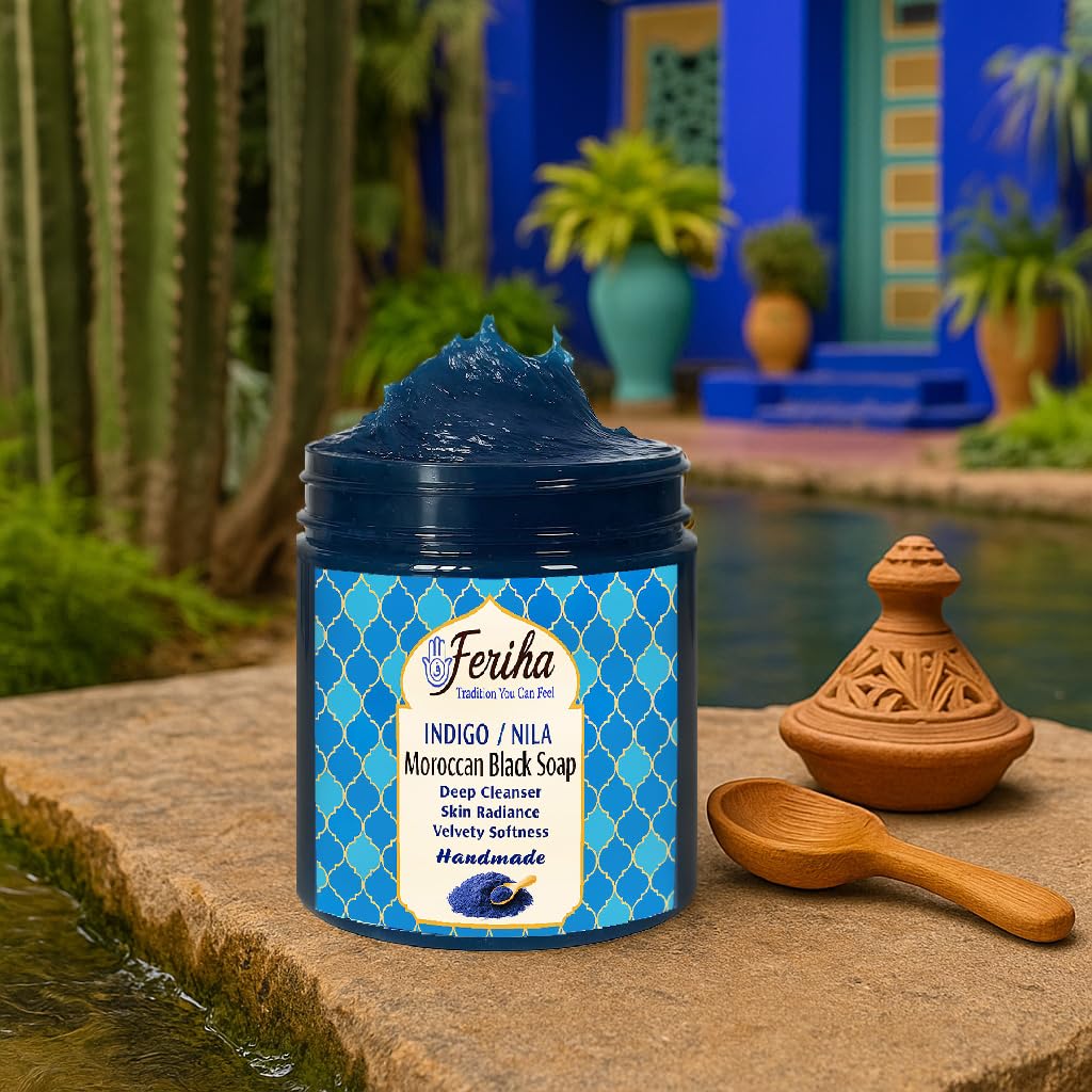 Feriha Moroccan Black Soap, Indigo, Sahara Nila, 100% Natural, Artisan Beldi Soap, Crafted & Packed in Morocco - Traditional Hammam Formula - Image 5
