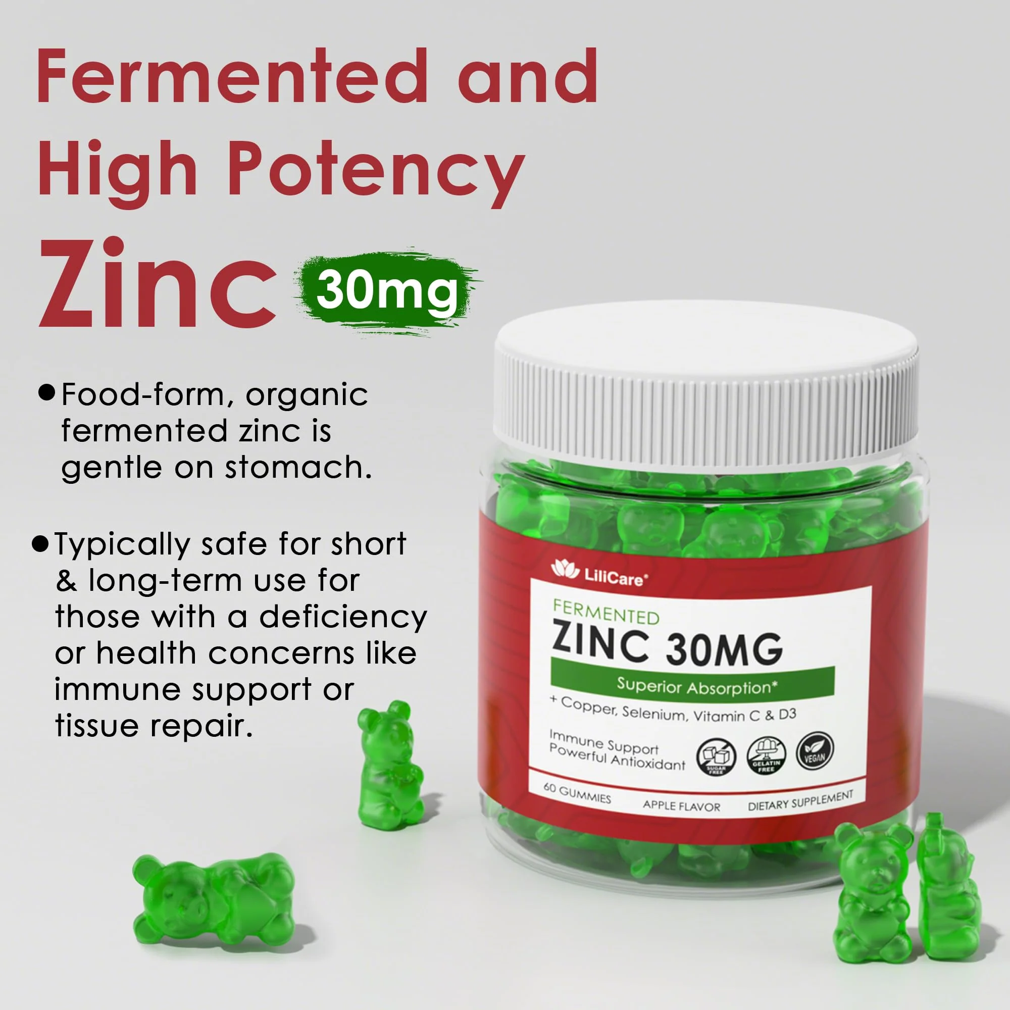 Fermented Zinc Gummies 30mg, Copper, Selenium, Vitamin C, D3, Superior Absorption Zinc Supplements for Women & Men, Immune, Powerful Antioxidant, Zinc Picolinate Alternaitive, Vegan, No Sugar, 60 Cts - Image 7