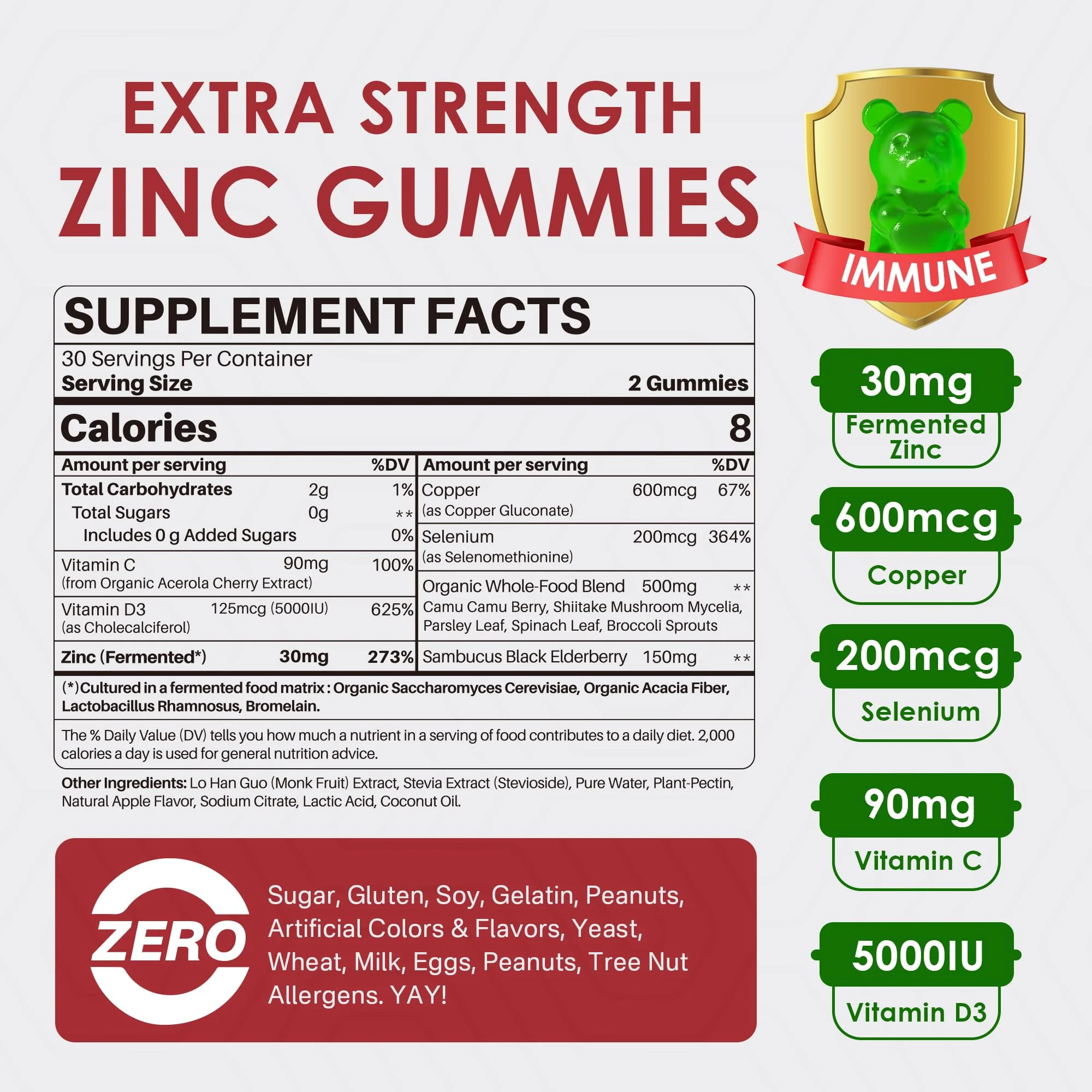 Fermented Zinc Gummies 30mg, Copper, Selenium, Vitamin C, D3, Superior Absorption Zinc Supplements for Women & Men, Immune, Powerful Antioxidant, Zinc Picolinate Alternaitive, Vegan, No Sugar, 60 Cts - Image 8