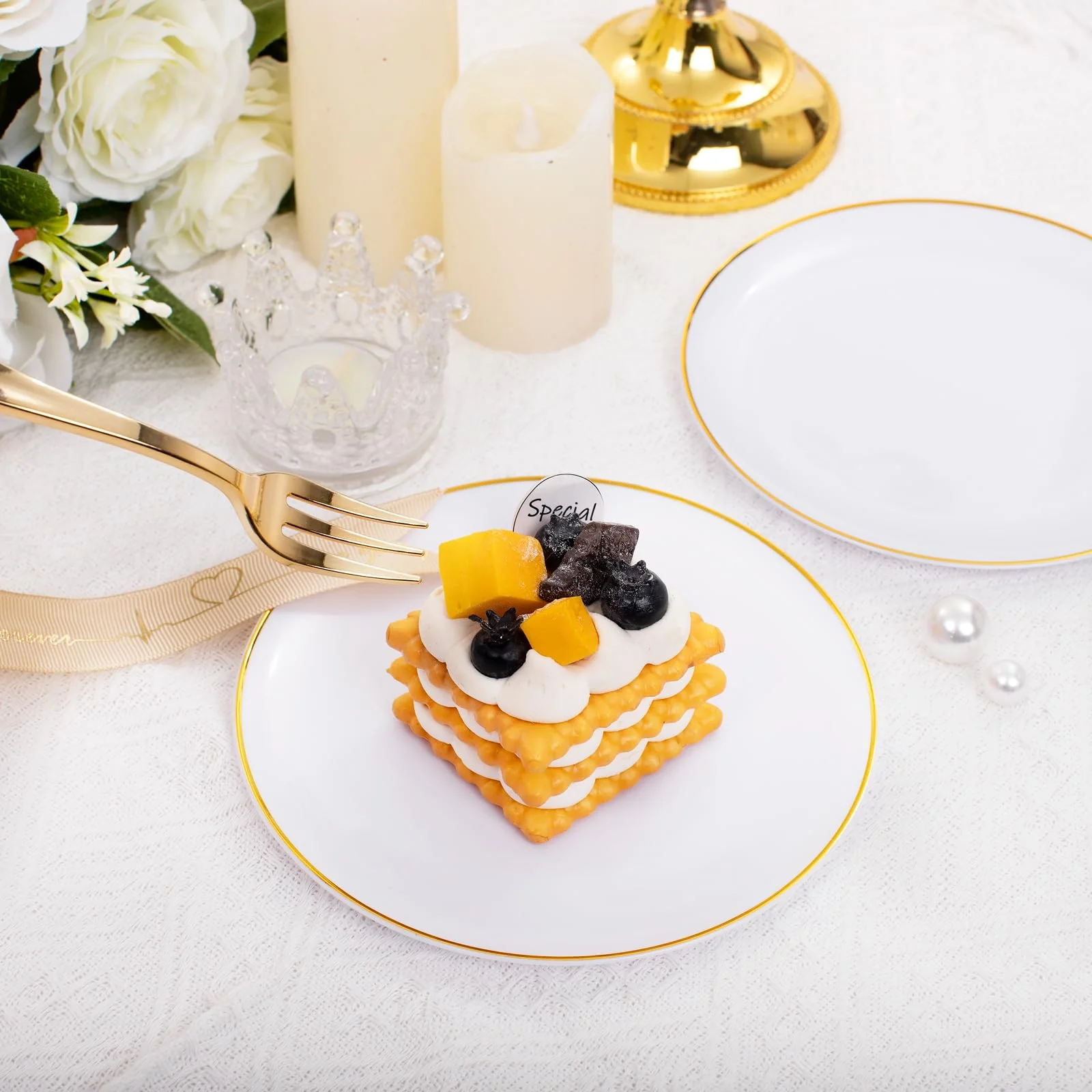 Festiva 200Pcs Gold Dessert Plates 6.3" with Forks 5"- Small Disposable Dessert/Cake/Appetizer Plates Plates- serve 100 guests include 100Plates 100Forks for Wedding Party&Thanksgiving&Christmas - Image 6