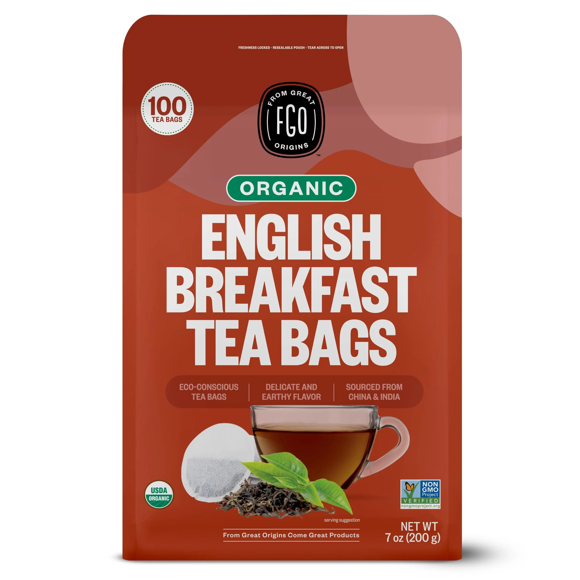 FGO Organic English Breakfast Black Tea, 100 Count, Eco-Conscious Tea Bags, Resealable Bag, Packaging May Vary (Pack of 1) - Image 2