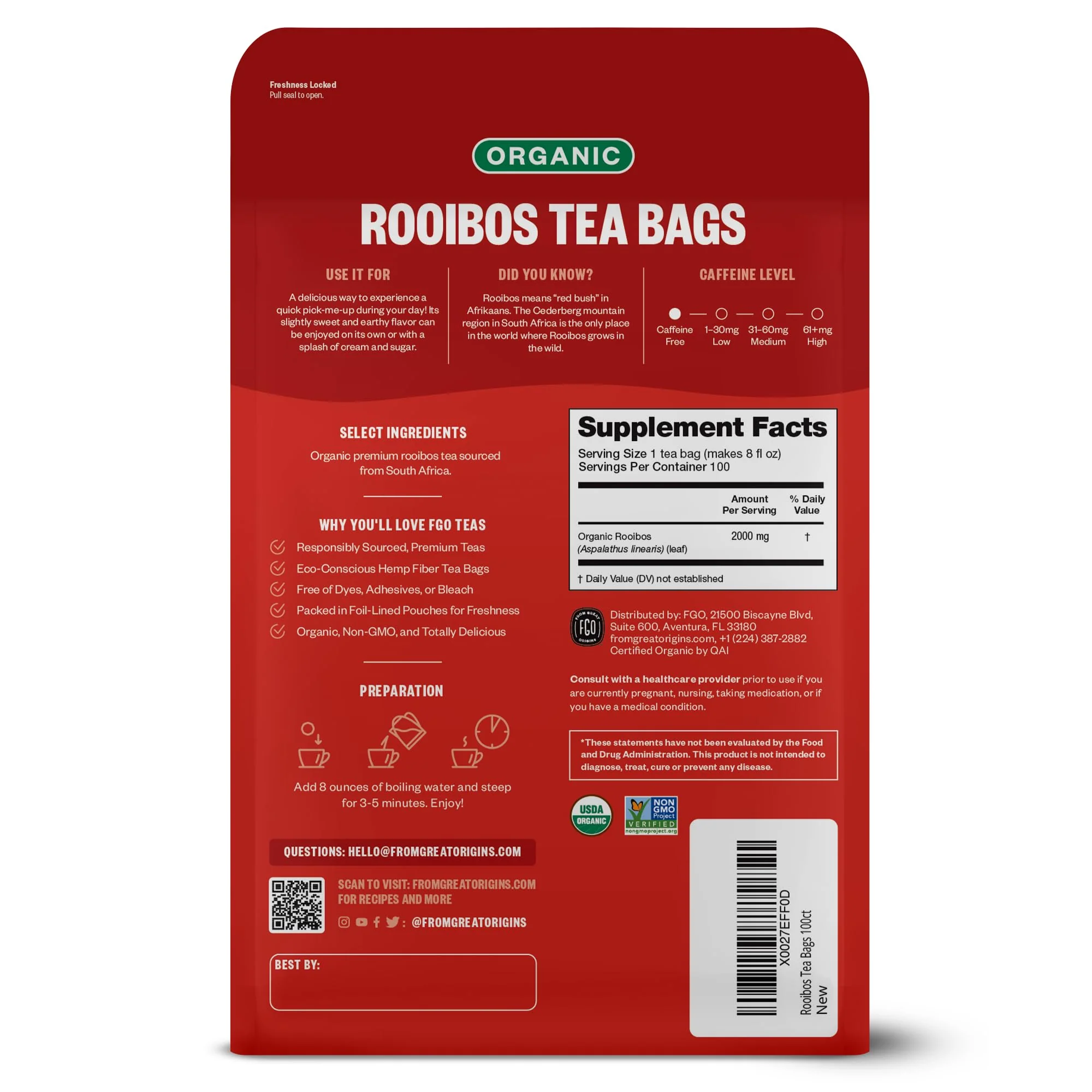 FGO Organic Rooibos Tea, 100 Count, Eco-Conscious Tea Bags, Caffeine Free, Packaging May Vary (Pack of 1) - Image 3